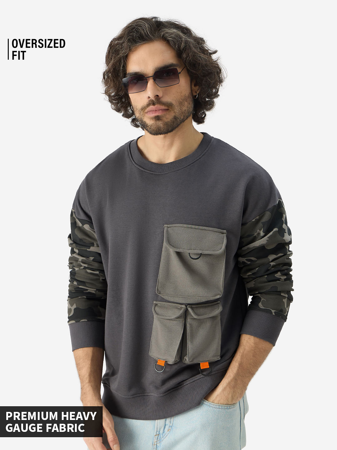 Charcoal Camouflage Sleeve Oversized Fit Pullover Sweatshirt