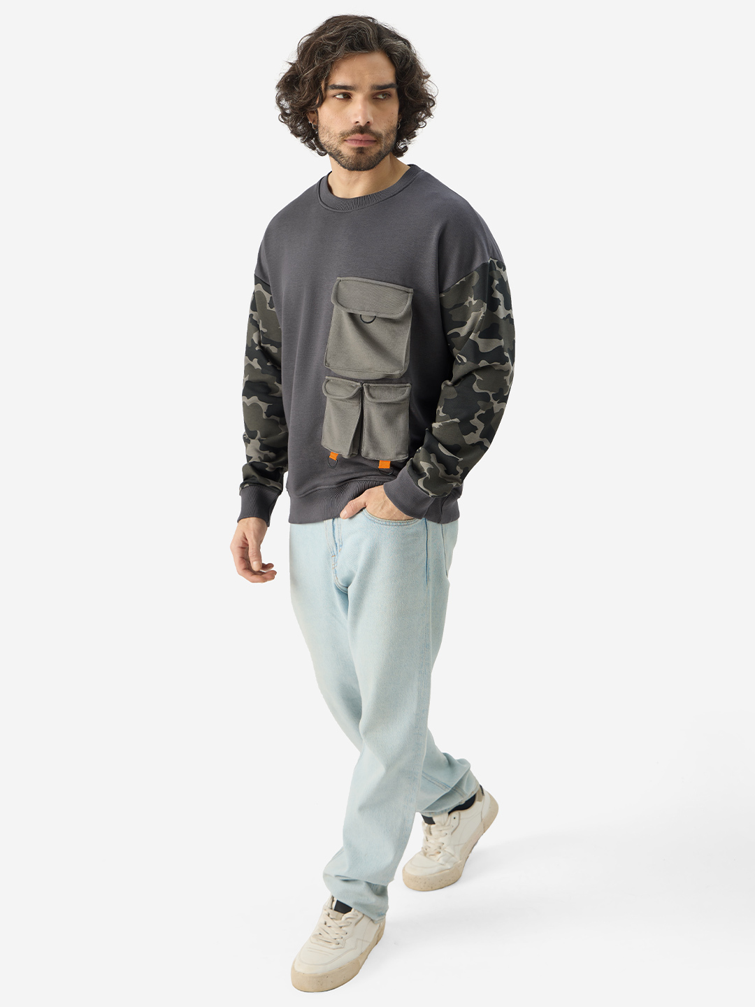 Charcoal Camouflage Sleeve Oversized Fit Pullover Sweatshirt
