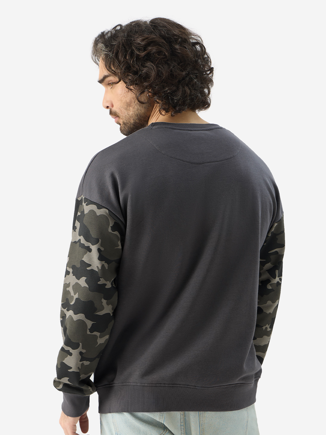 Charcoal Camouflage Sleeve Oversized Fit Pullover Sweatshirt