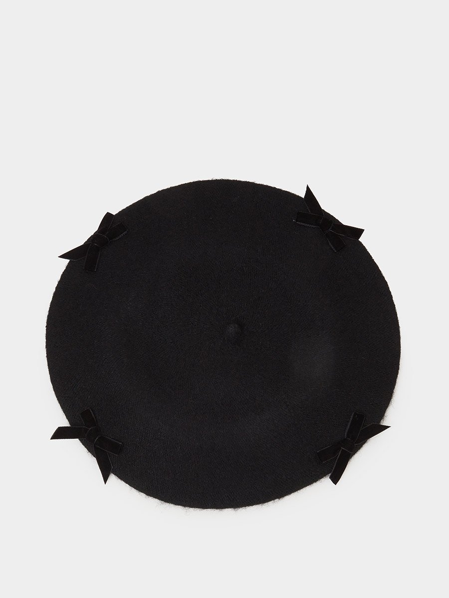 Black Sloid Velvet Bow Detail Beret