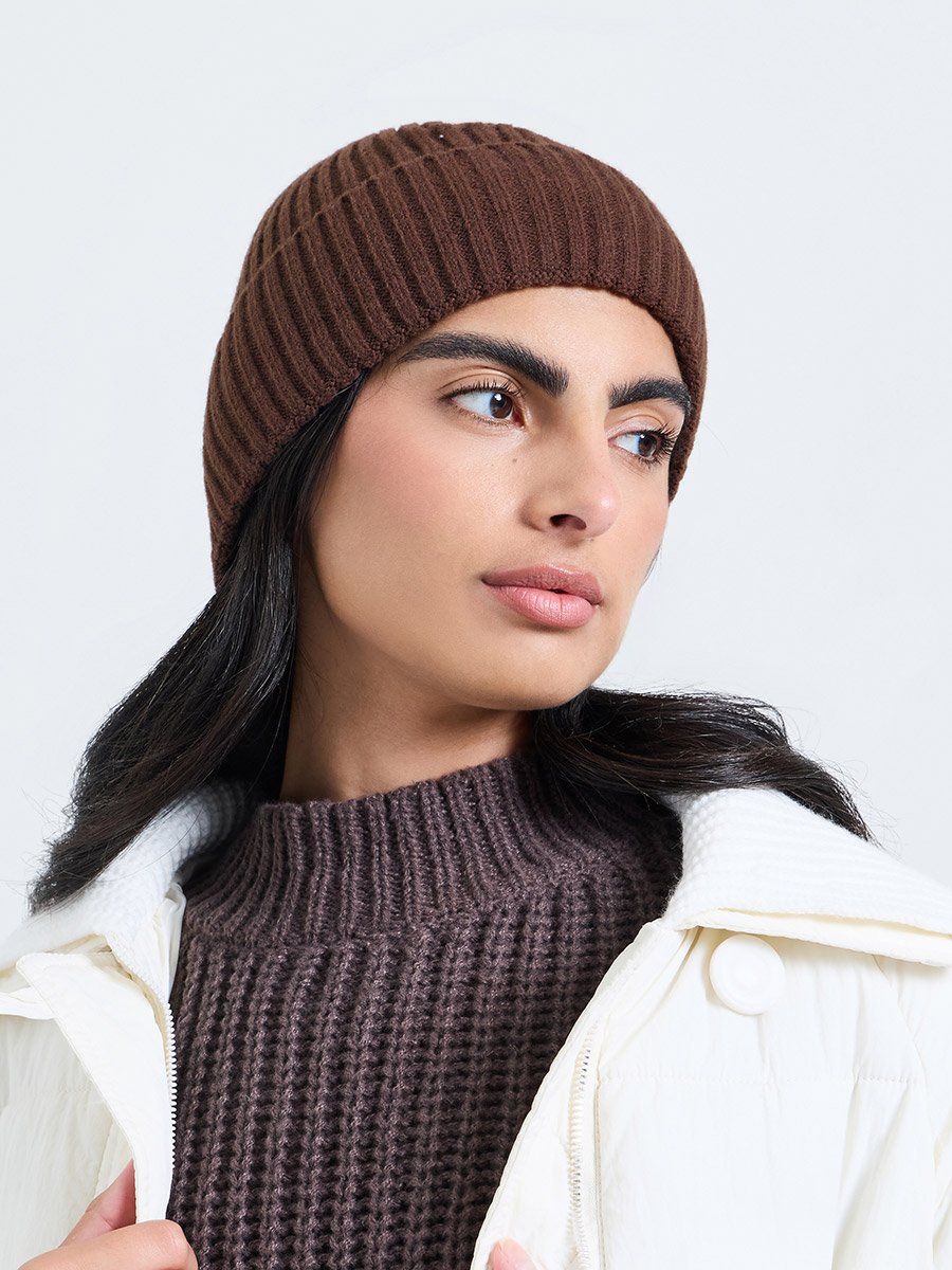Brown Ribbed Knit Beanie
