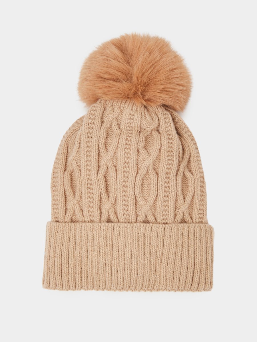Khaki Cable Knit Beanie with Faux Fur Pompom