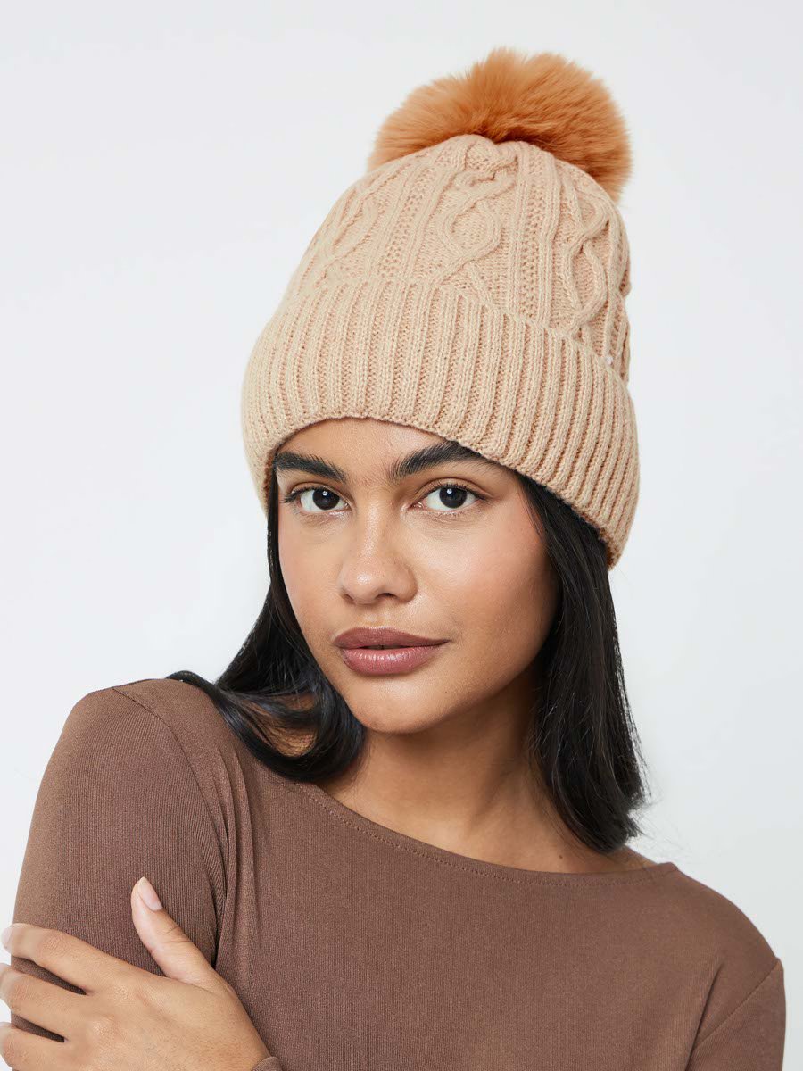 Khaki Cable Knit Beanie with Faux Fur Pompom