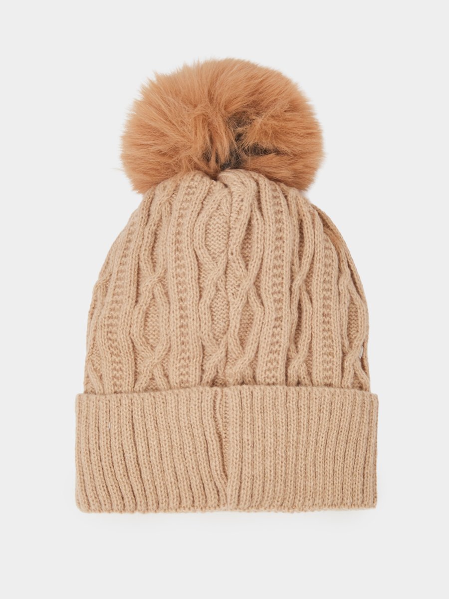 Khaki Cable Knit Beanie with Faux Fur Pompom