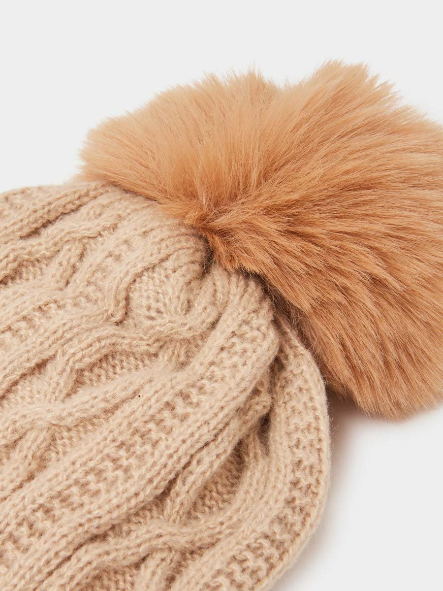 Khaki Cable Knit Beanie with Faux Fur Pompom