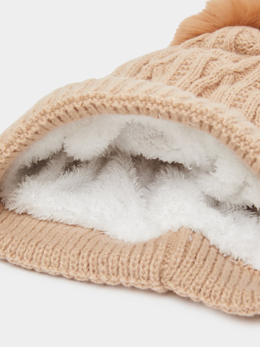 Khaki Cable Knit Beanie with Faux Fur Pompom