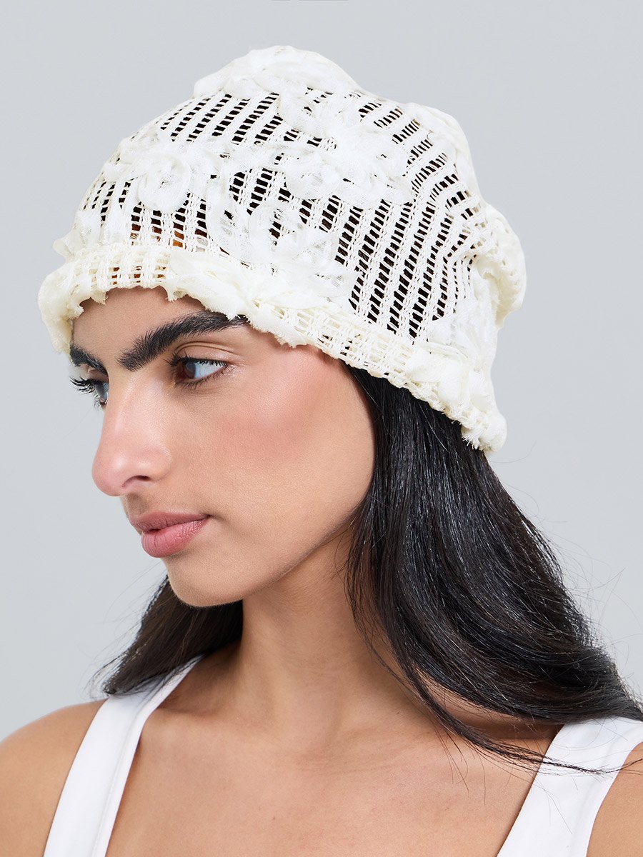 Beige Floral Applique Beanie
