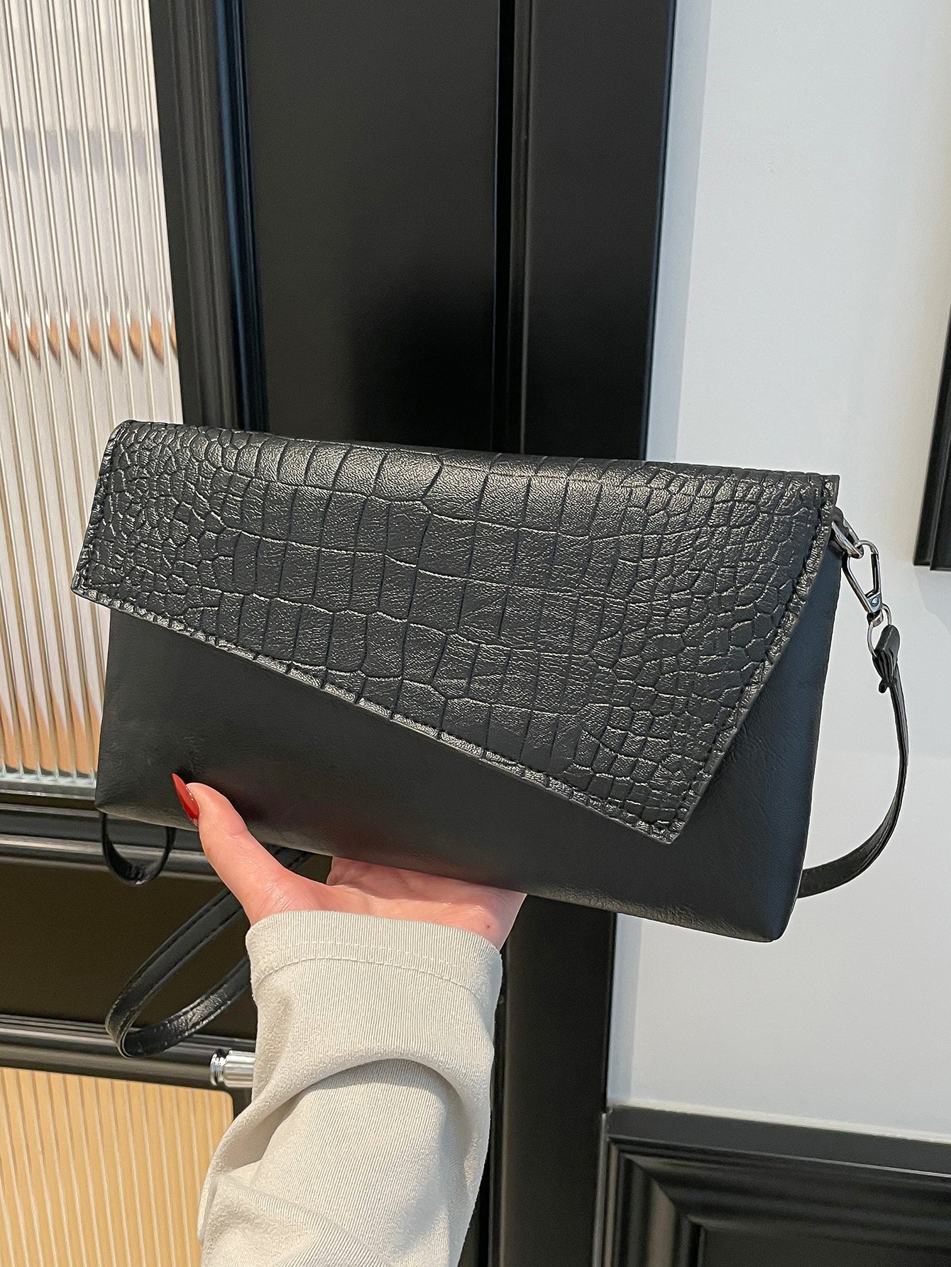 Black Croc Embossed Crossbody Bag