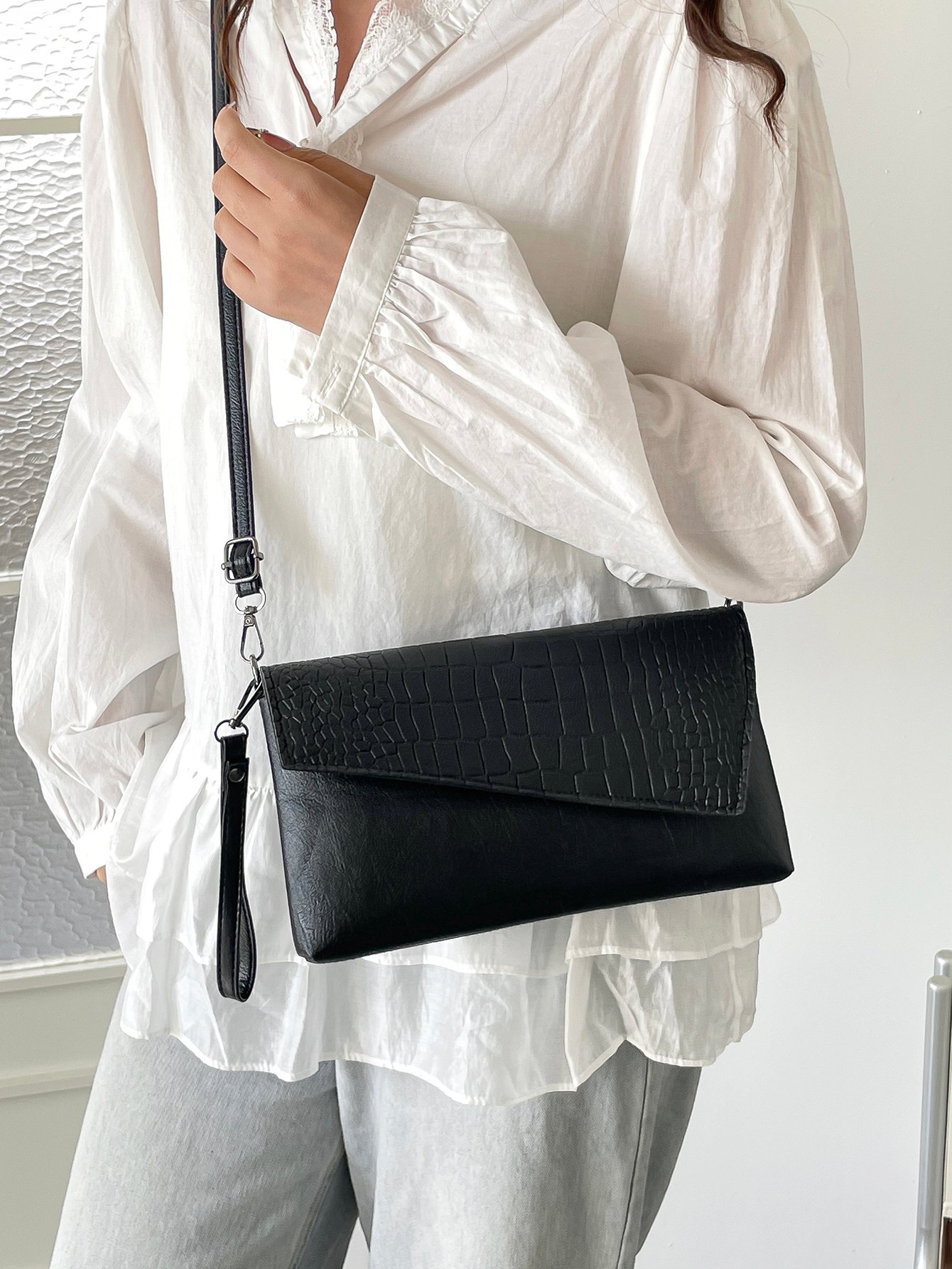 Black Croc Embossed Crossbody Bag