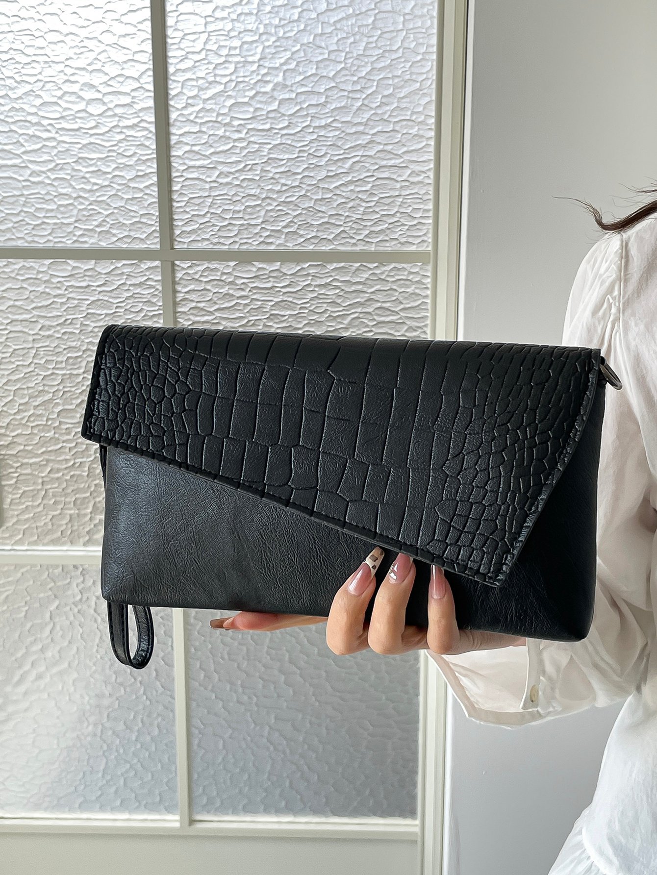 Black Croc Embossed Crossbody Bag