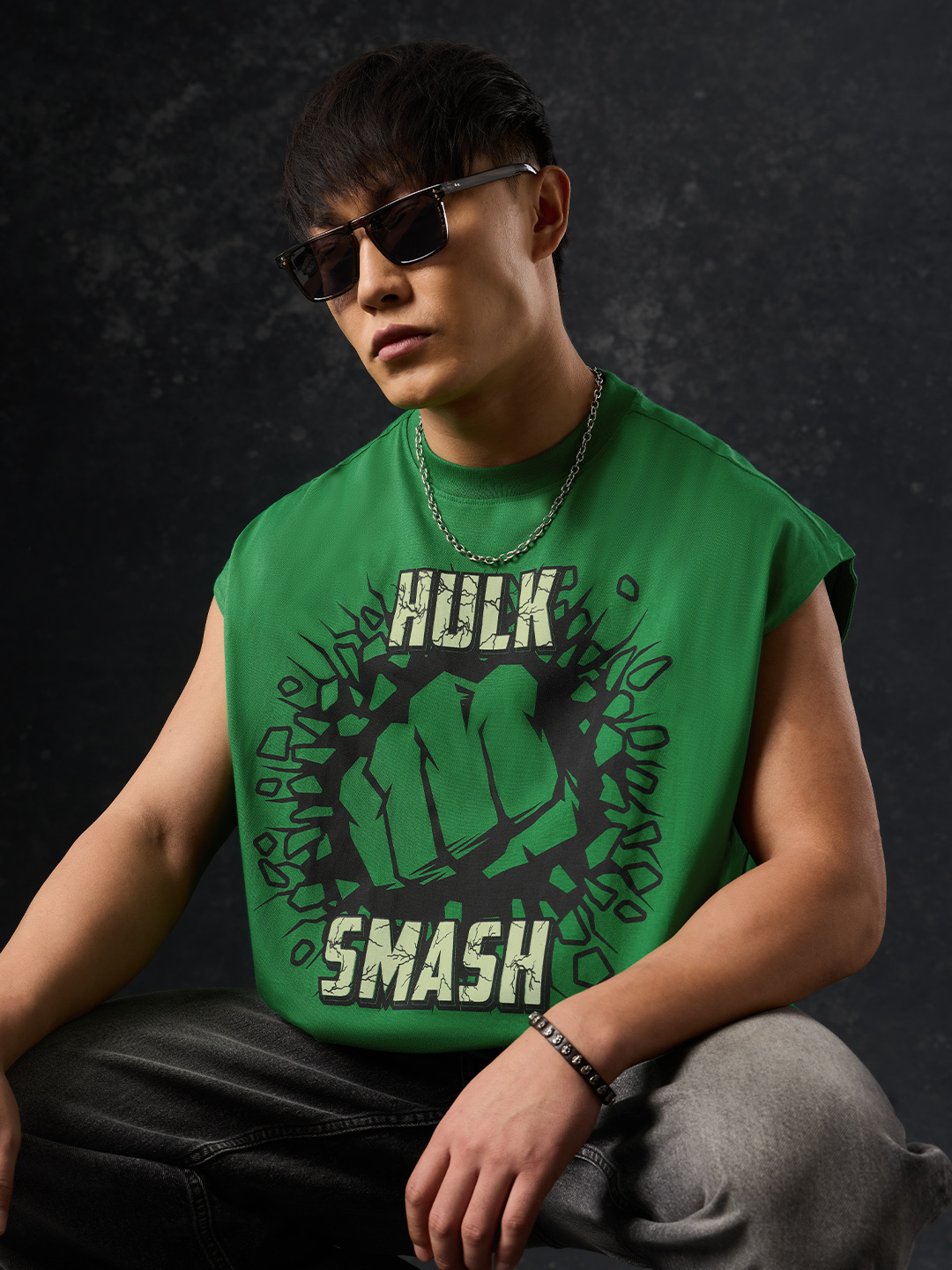 Men Green Printed Hulk Smash Oversized Vest