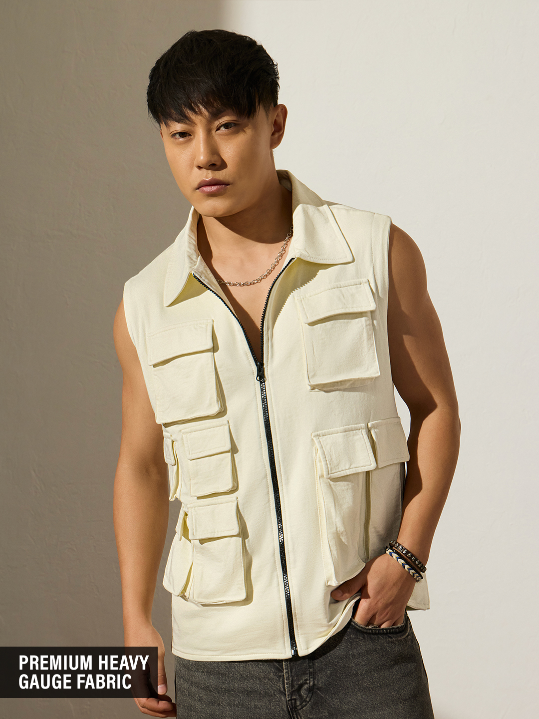 Men Cream Utility Vest with Pockets