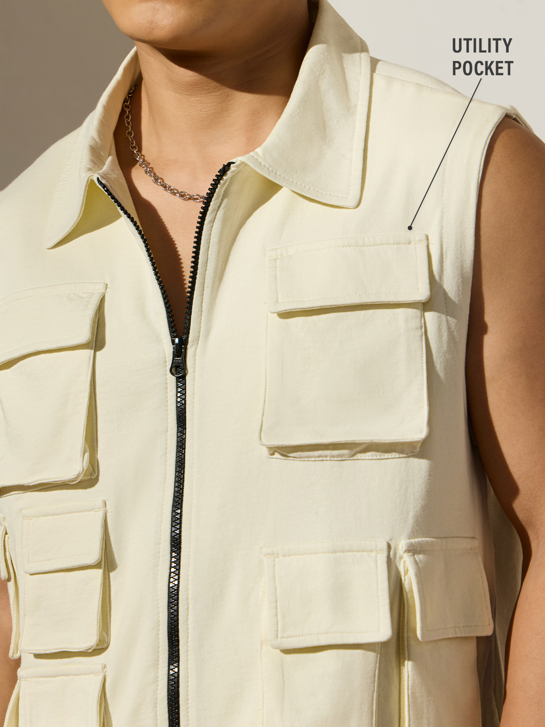 Men Cream Utility Vest with Pockets