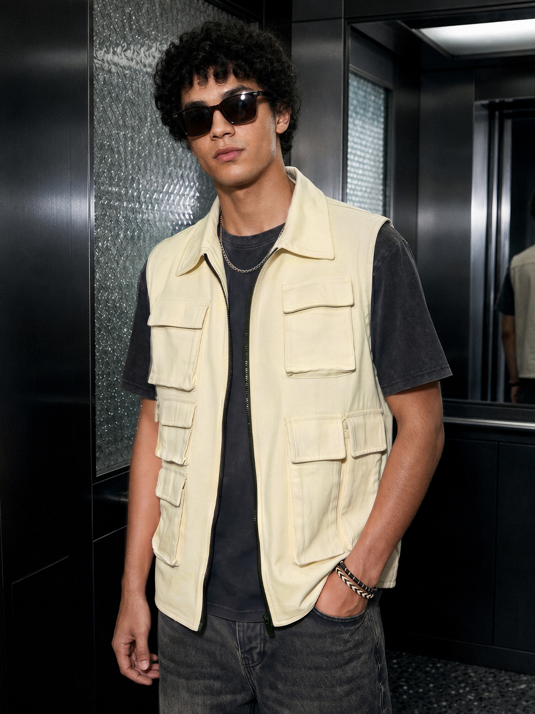 Men Cream Utility Vest with Pockets