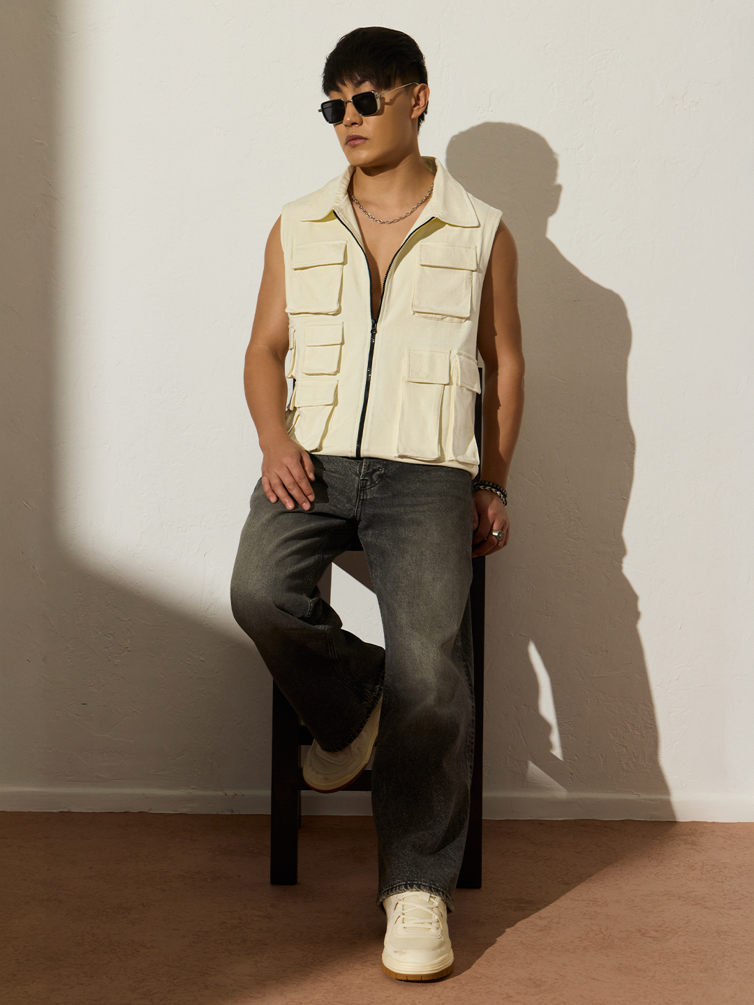 Men Cream Utility Vest with Pockets