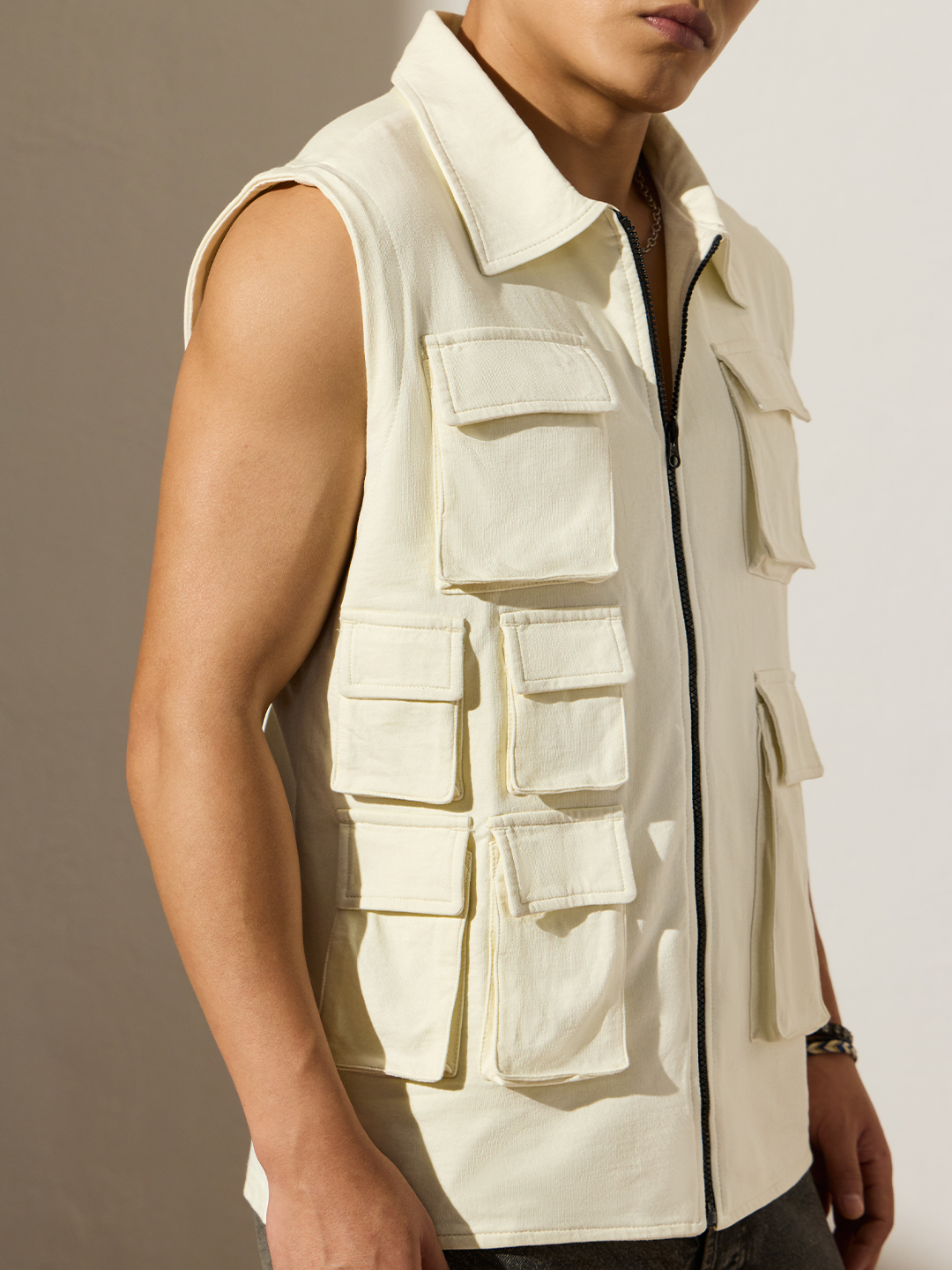 Men Cream Utility Vest with Pockets