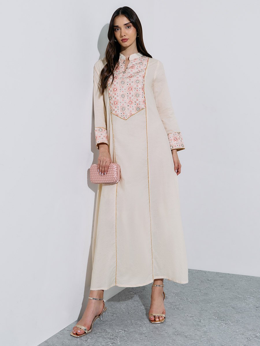 Cream Embroidered Long Sleeves Maxi Jalabiya