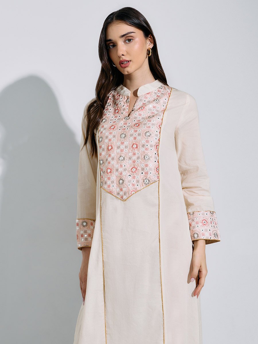 Cream Embroidered Long Sleeves Maxi Jalabiya