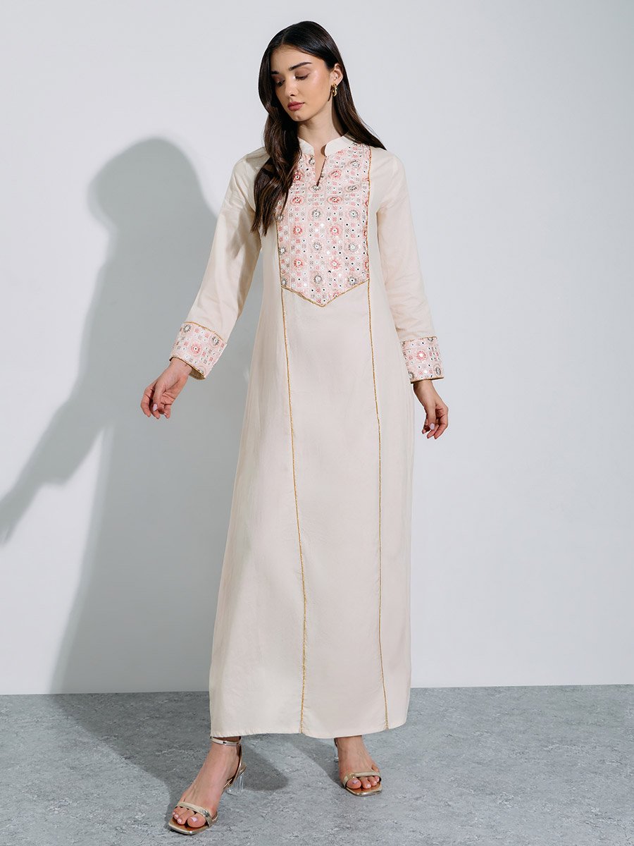 Cream Embroidered Long Sleeves Maxi Jalabiya