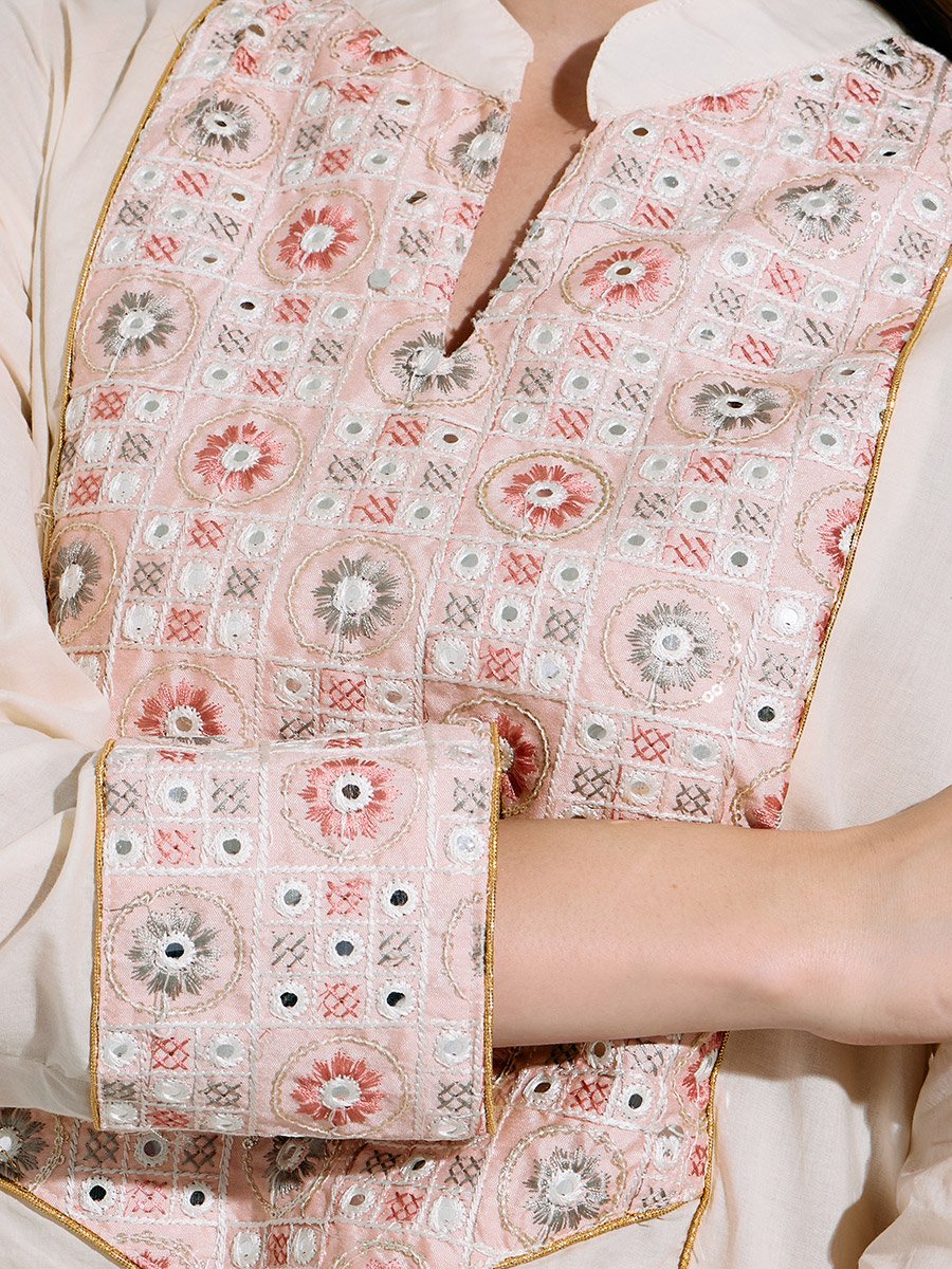 Cream Embroidered Long Sleeves Maxi Jalabiya