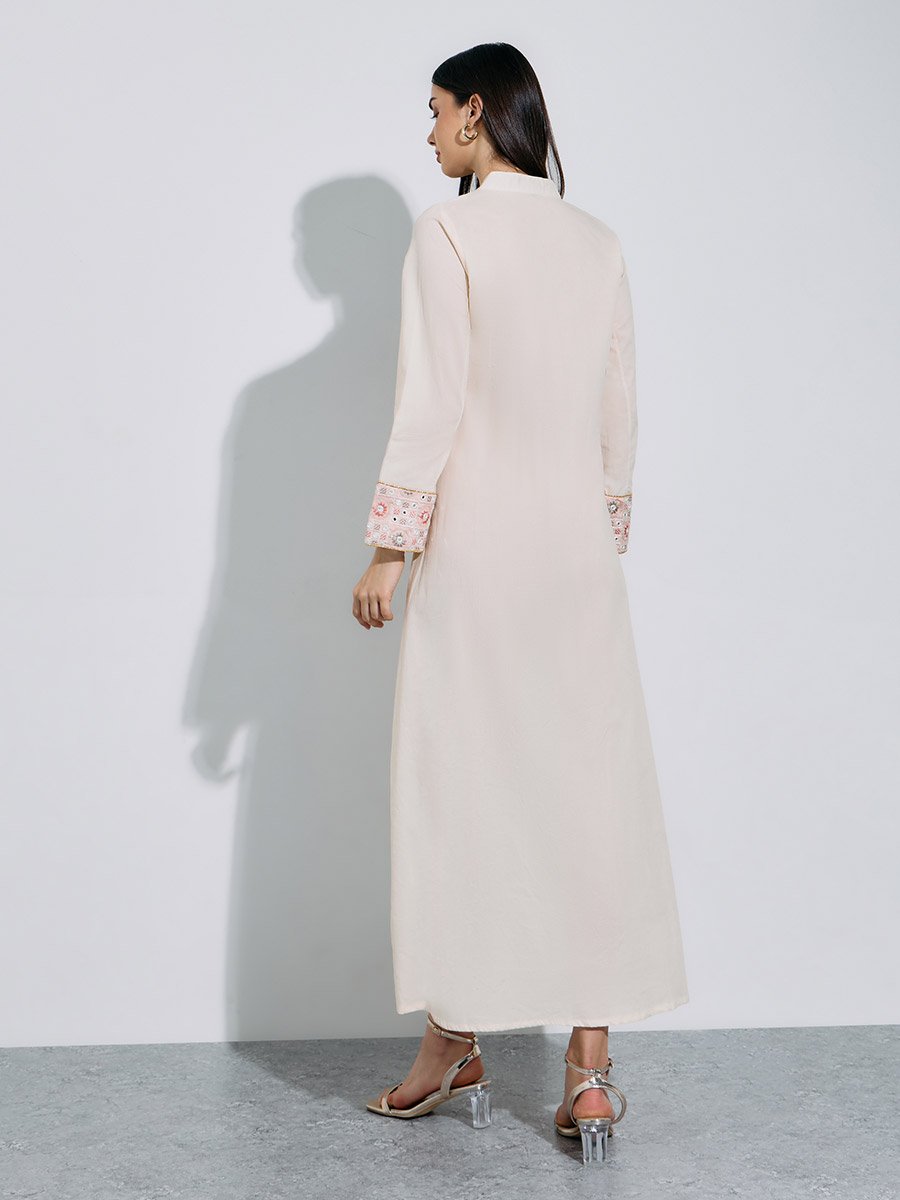 Cream Embroidered Long Sleeves Maxi Jalabiya