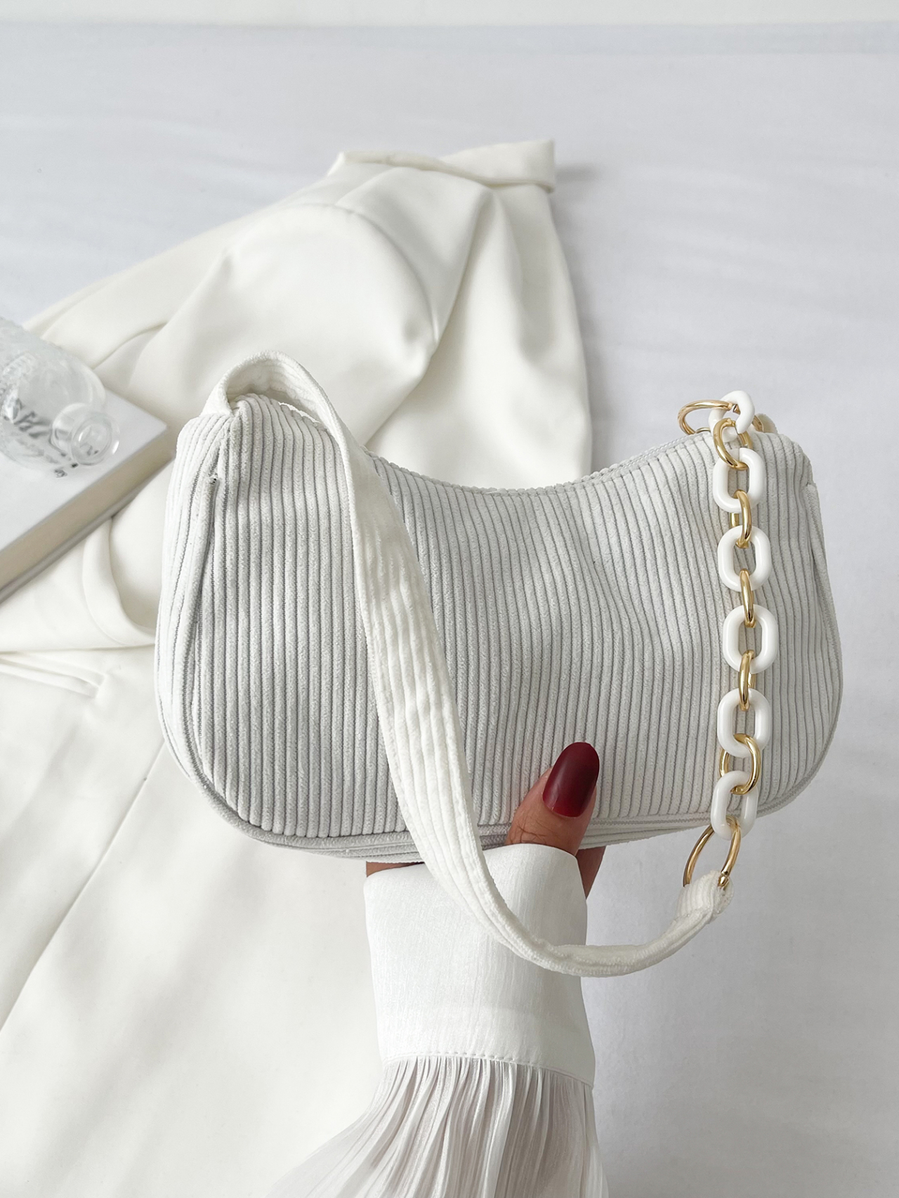 White Corduroy Shoulder Bag with Chain Detail