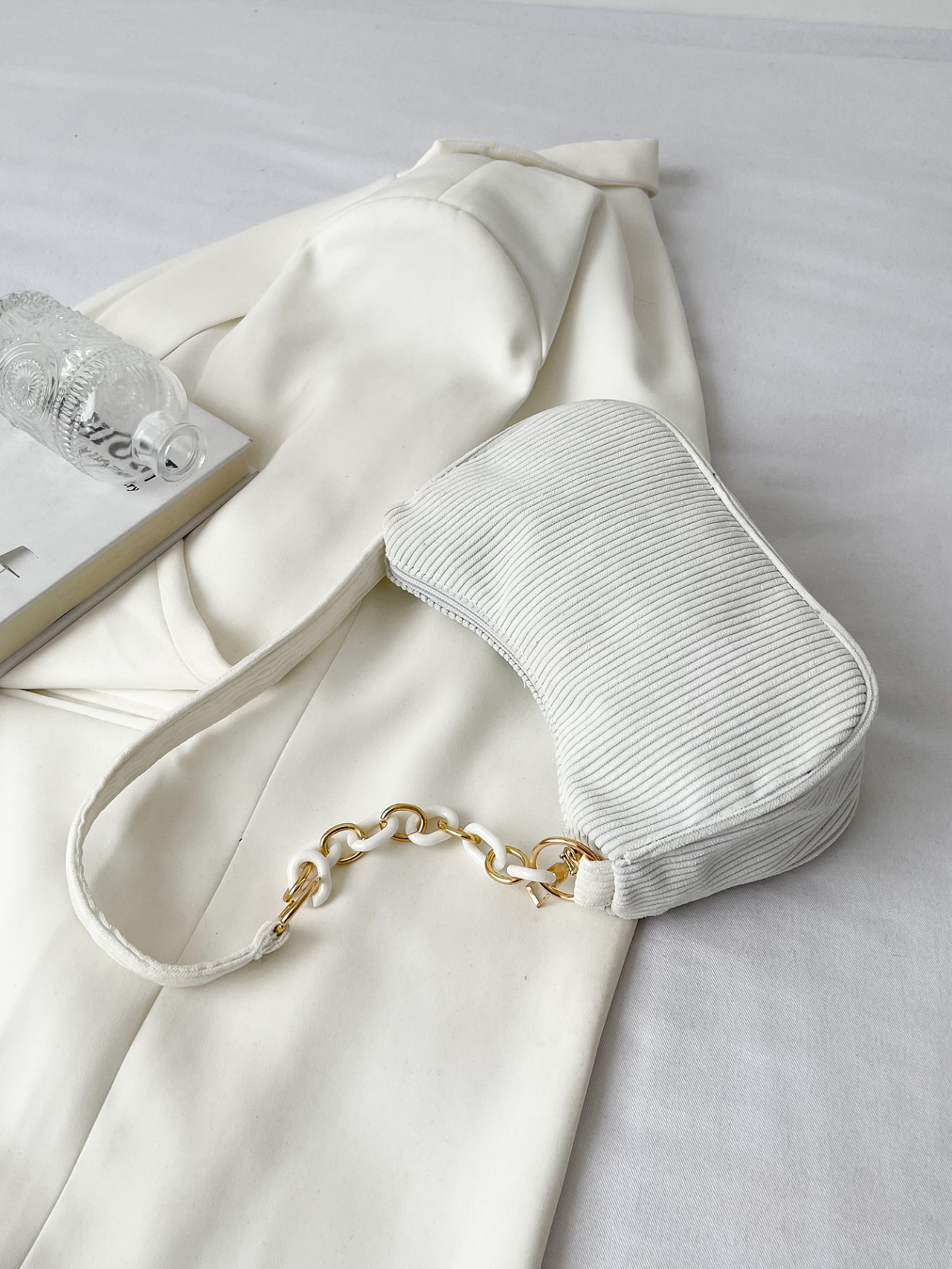White Corduroy Shoulder Bag with Chain Detail