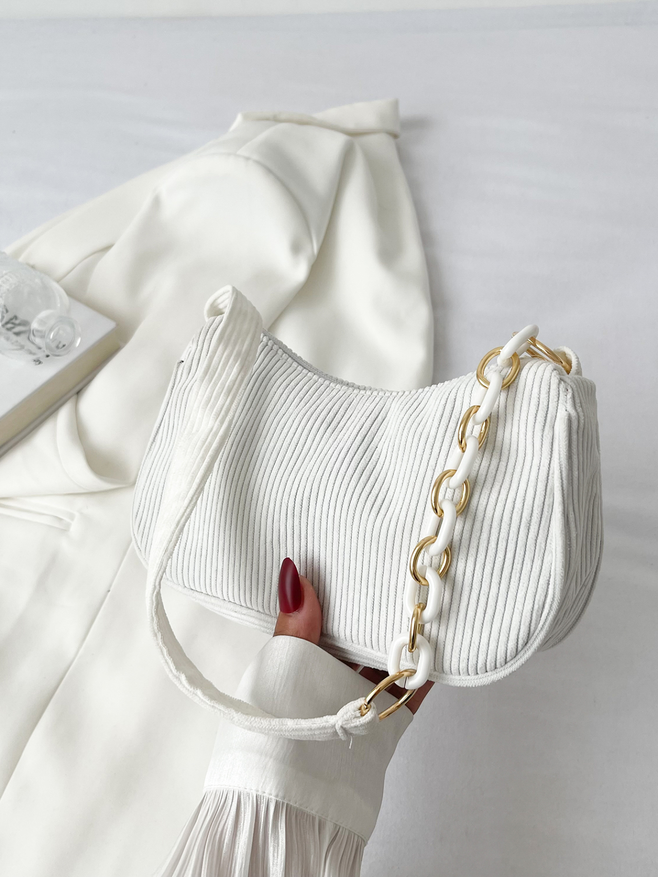 White Corduroy Shoulder Bag with Chain Detail