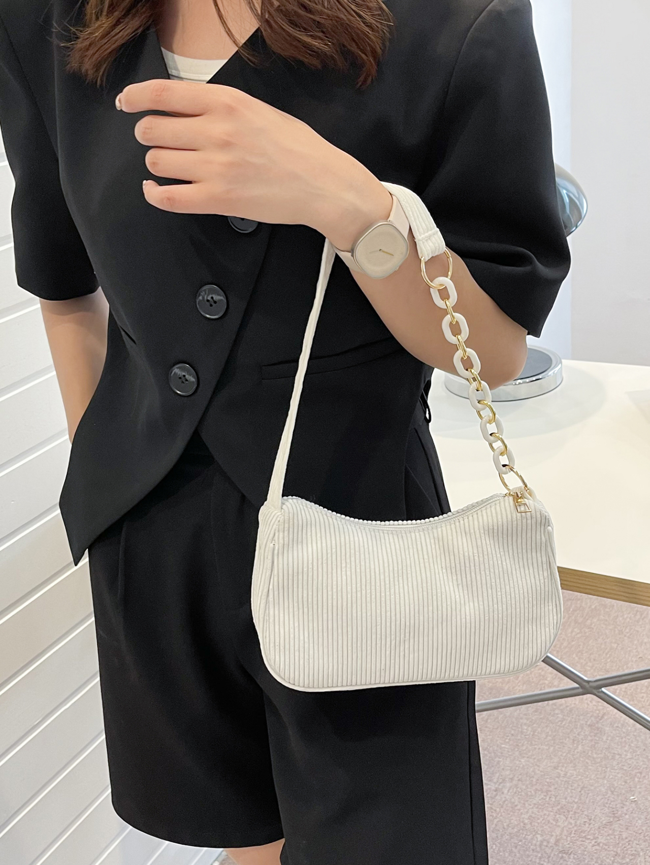 White Corduroy Shoulder Bag with Chain Detail