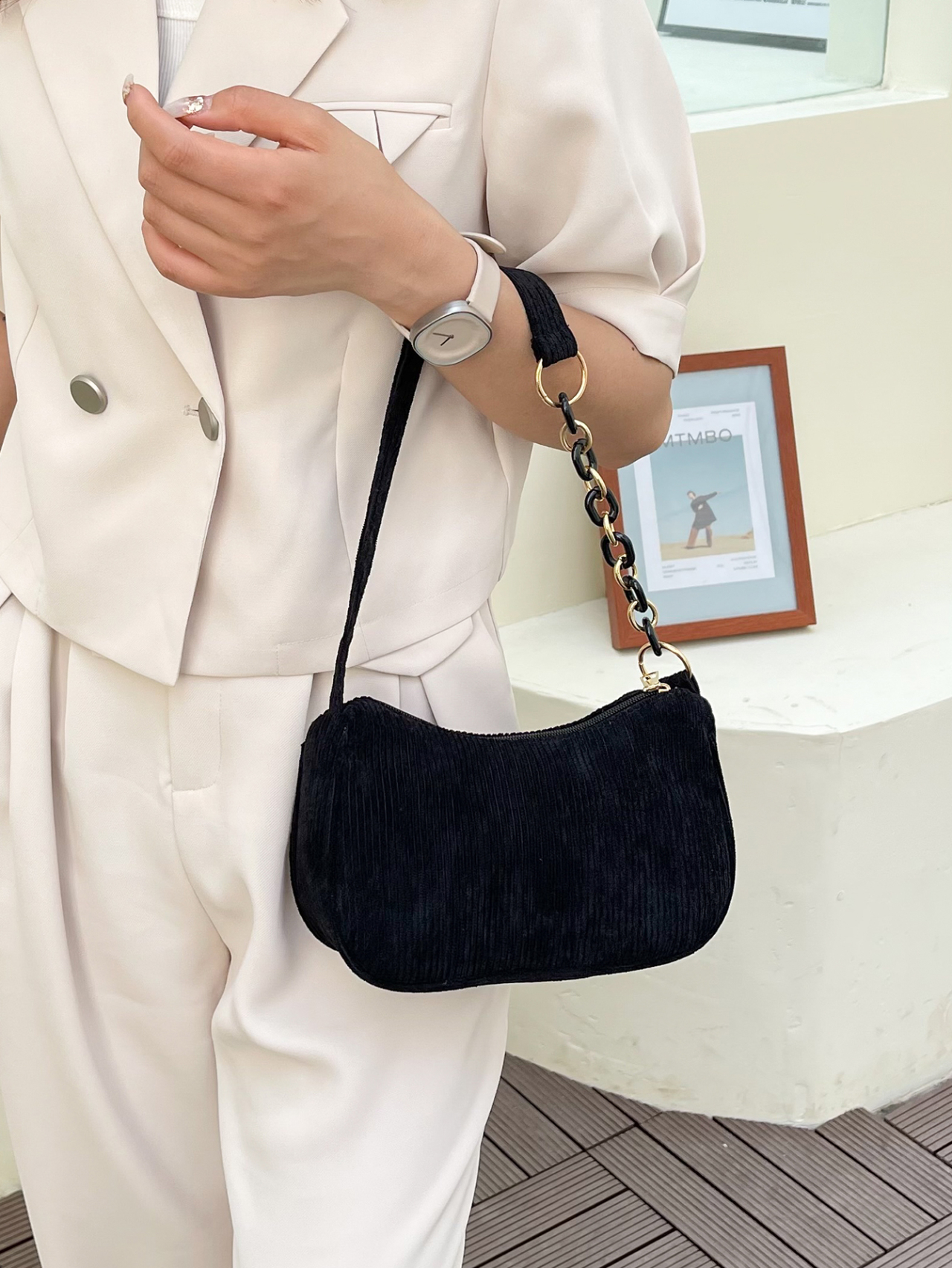 Black Corduroy Shoulder Bag with Chain Detail