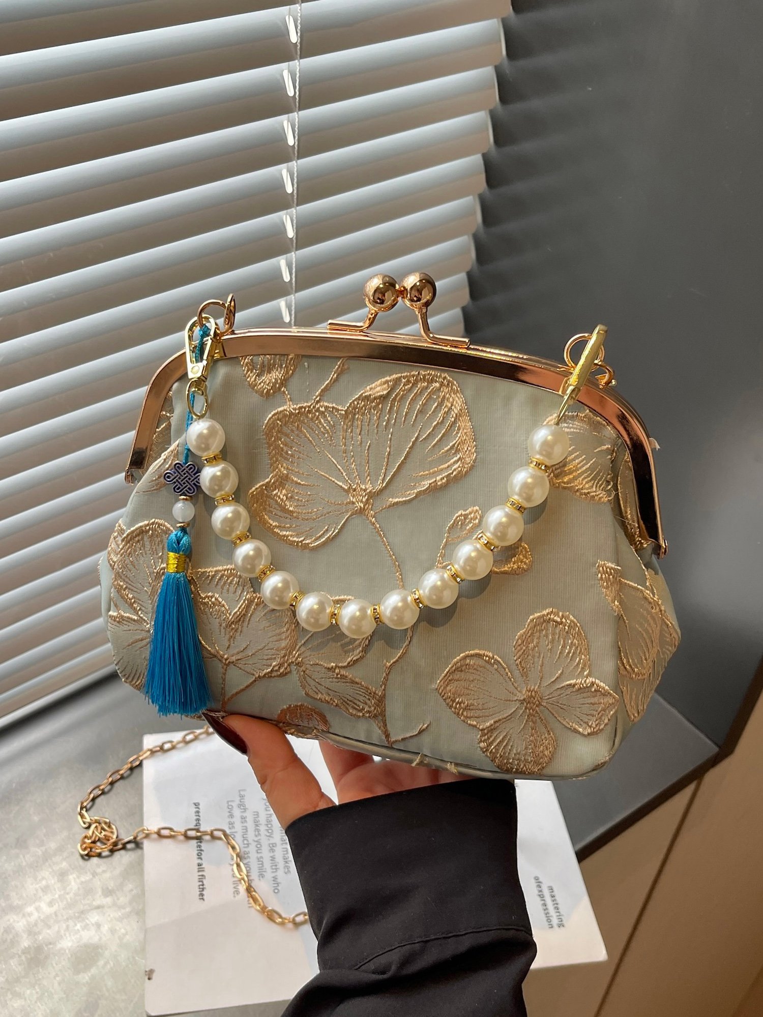 Blue Embroidered Clutch with Pearl and Tassel Charm