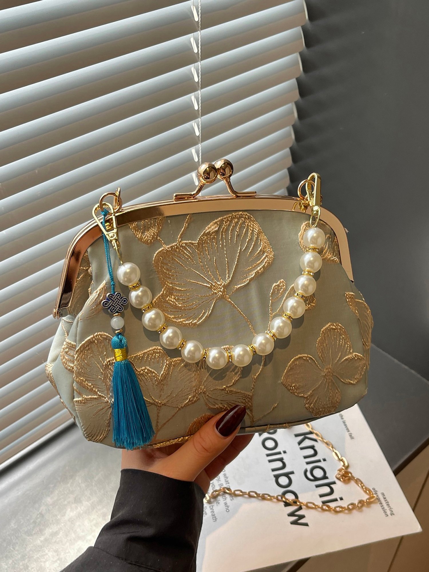 Blue Embroidered Clutch with Pearl and Tassel Charm