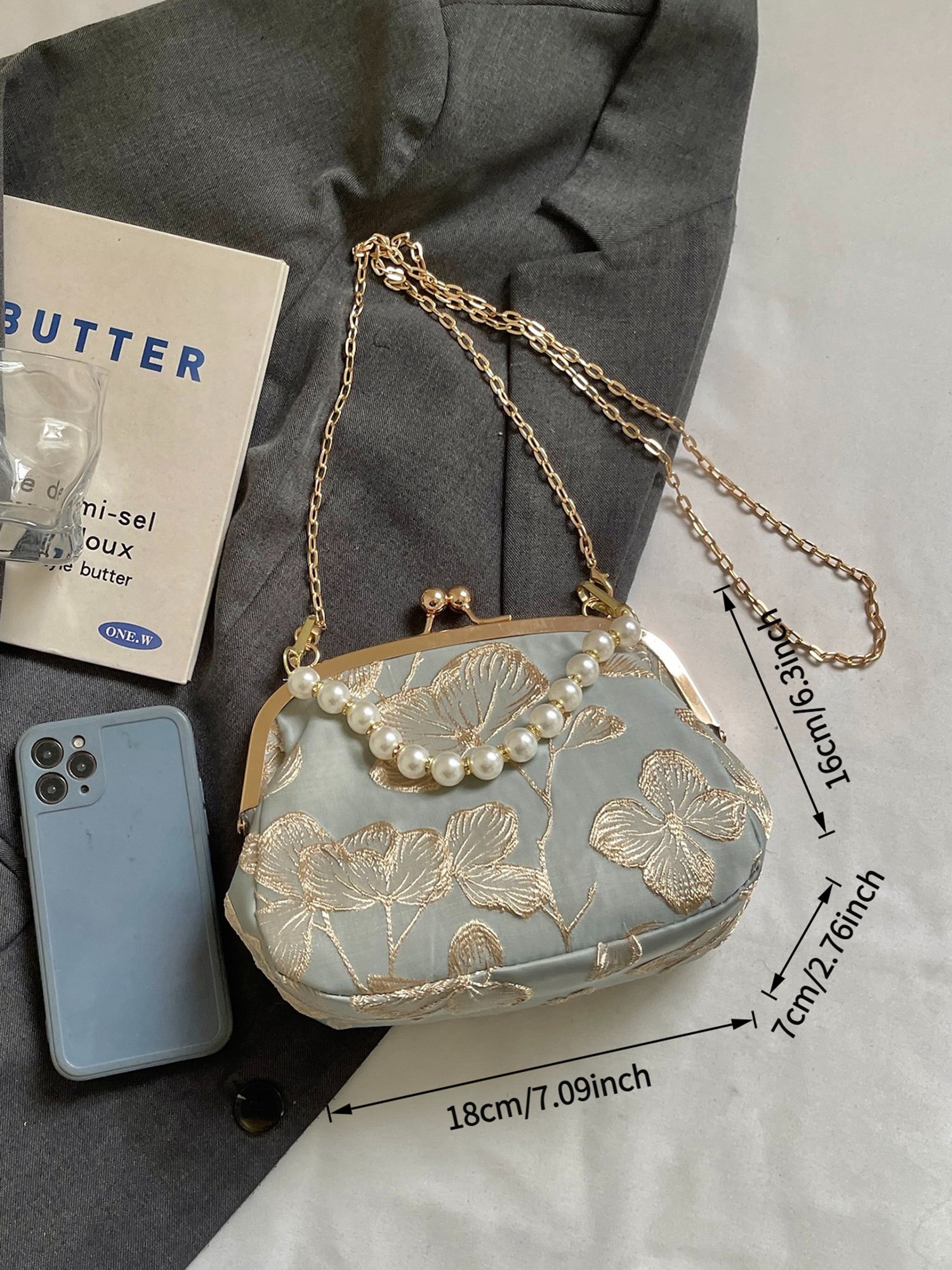 Blue Embroidered Clutch with Pearl and Tassel Charm