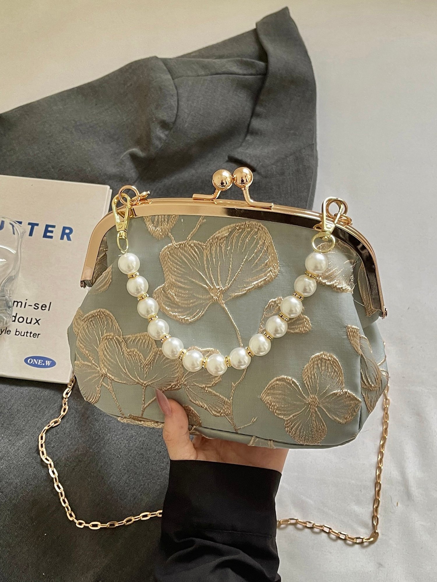 Blue Embroidered Clutch with Pearl and Tassel Charm