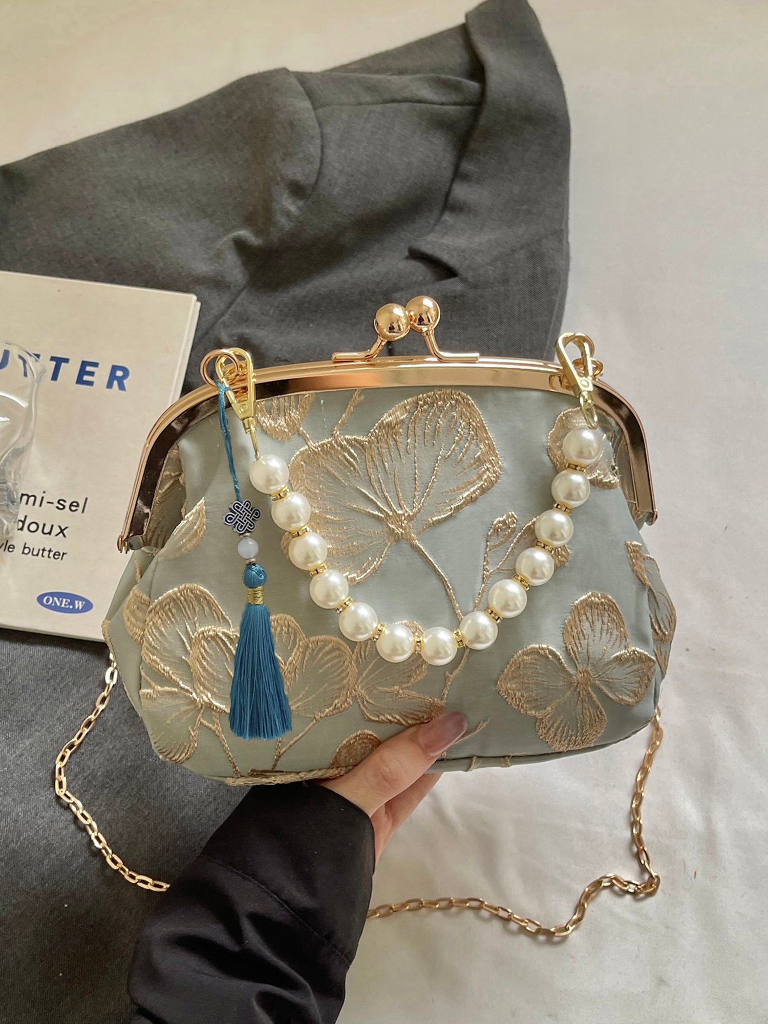 Blue Embroidered Clutch with Pearl and Tassel Charm