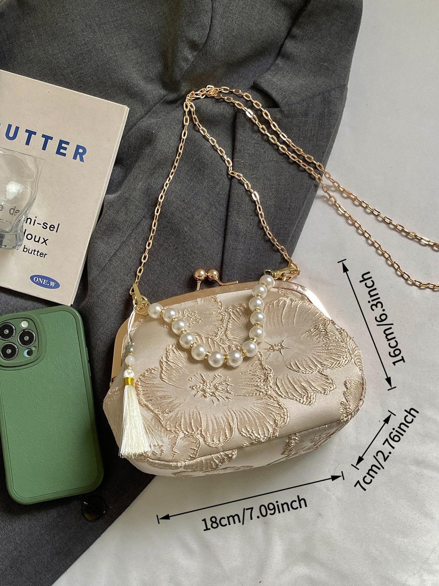 Cream Floral Clutch with Pearl Chain and Tassel