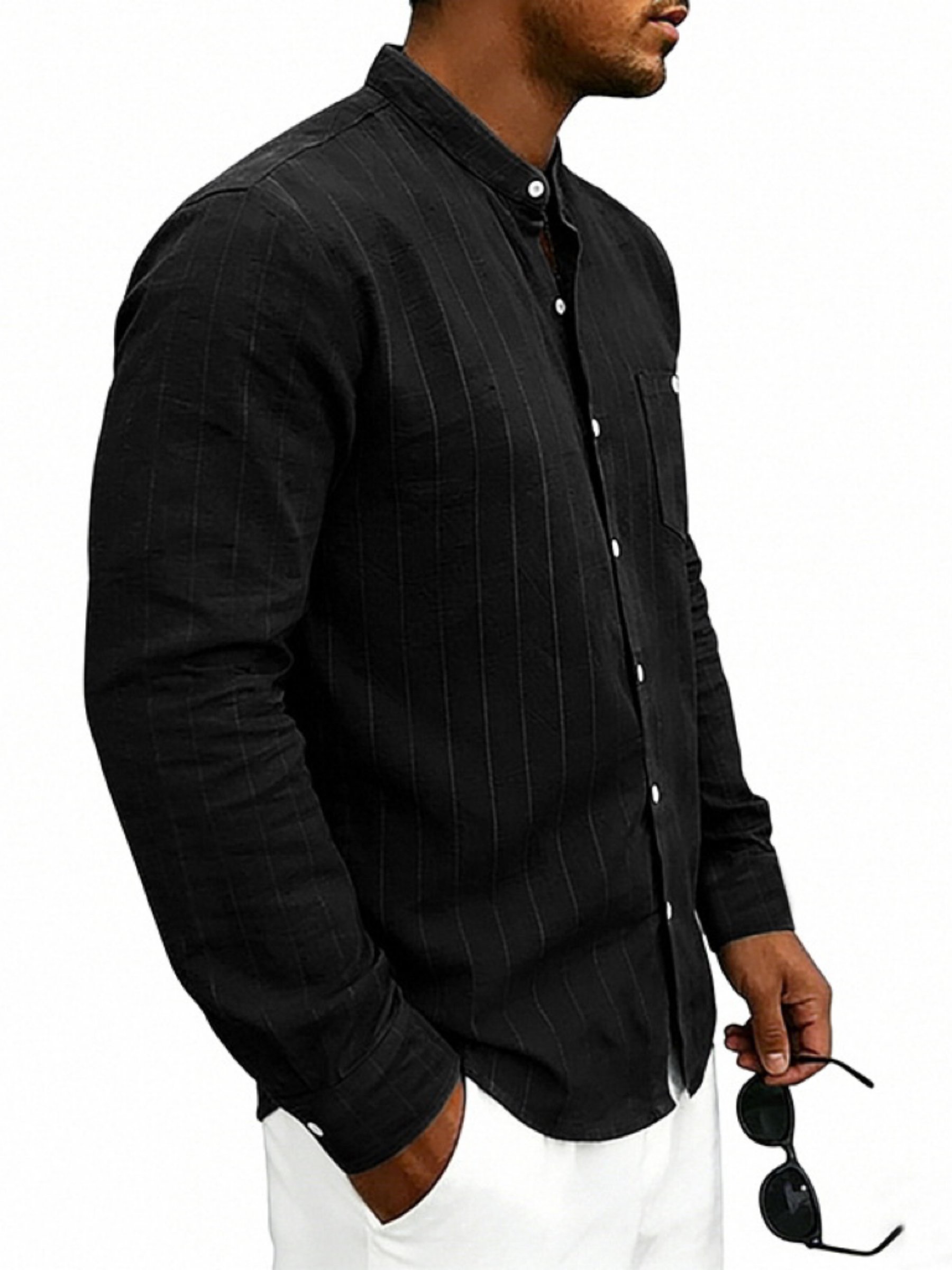 Black Striped Mandarin Collar Shirt