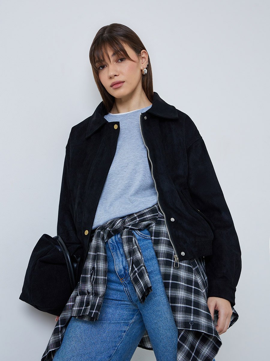 Black Regular Fit Suede-Look Bomber Jacket