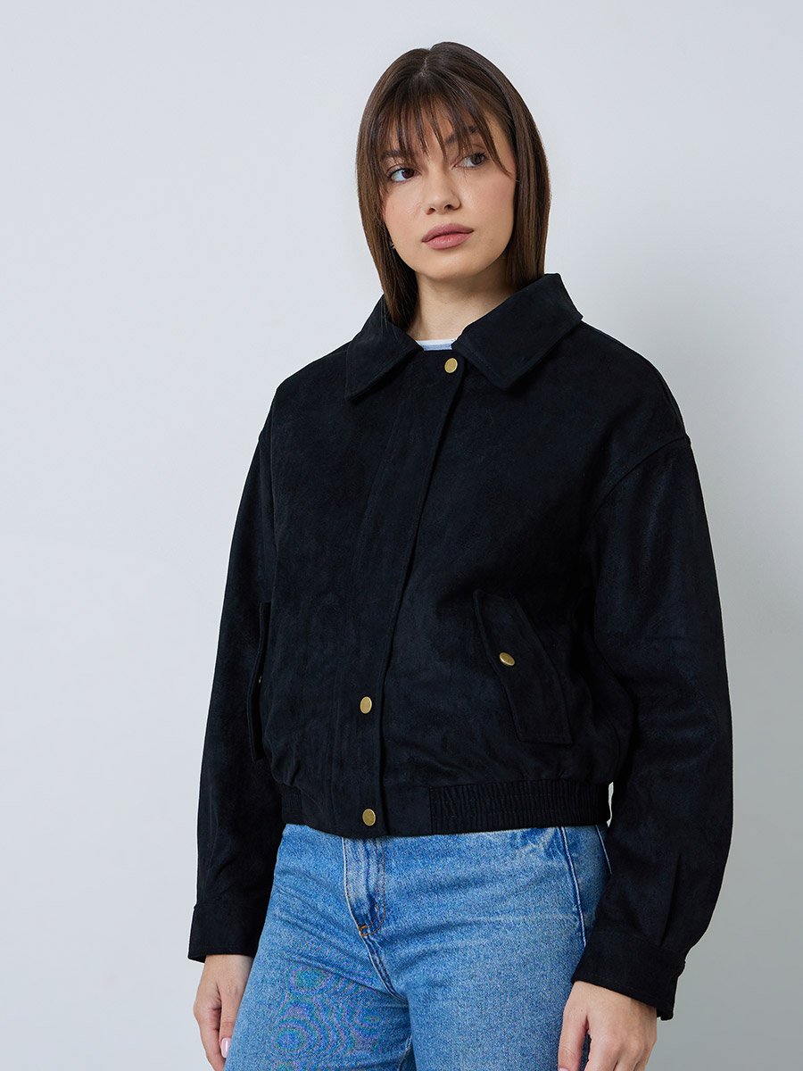 Black Regular Fit Suede-Look Bomber Jacket