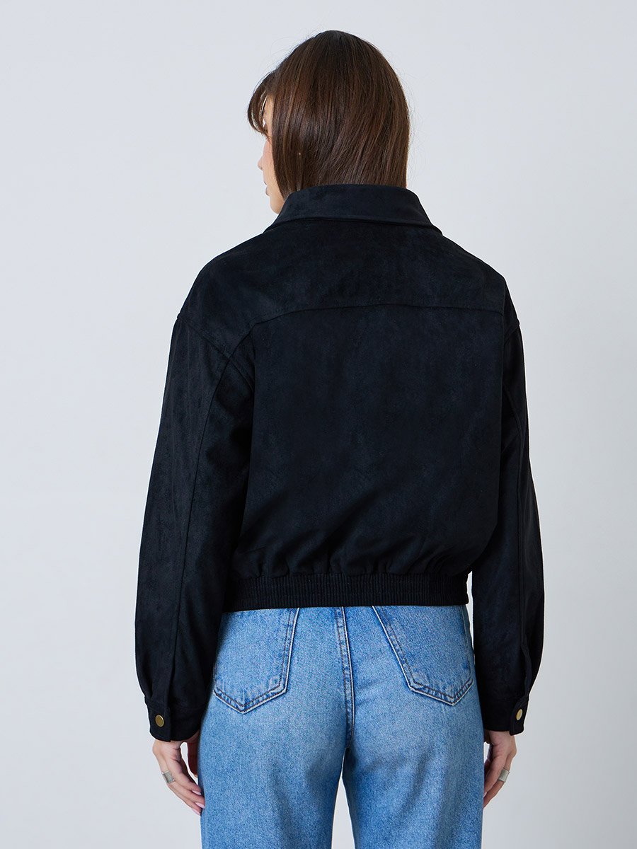 Black Regular Fit Suede-Look Bomber Jacket
