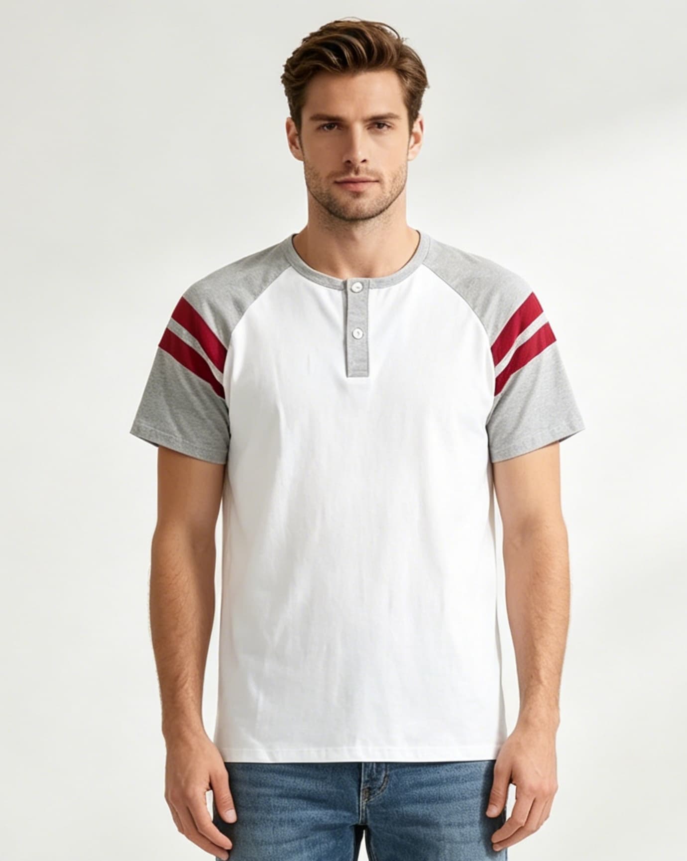 Multi-Color Henley Neck Raglan Striped Sleeves T-Shirt