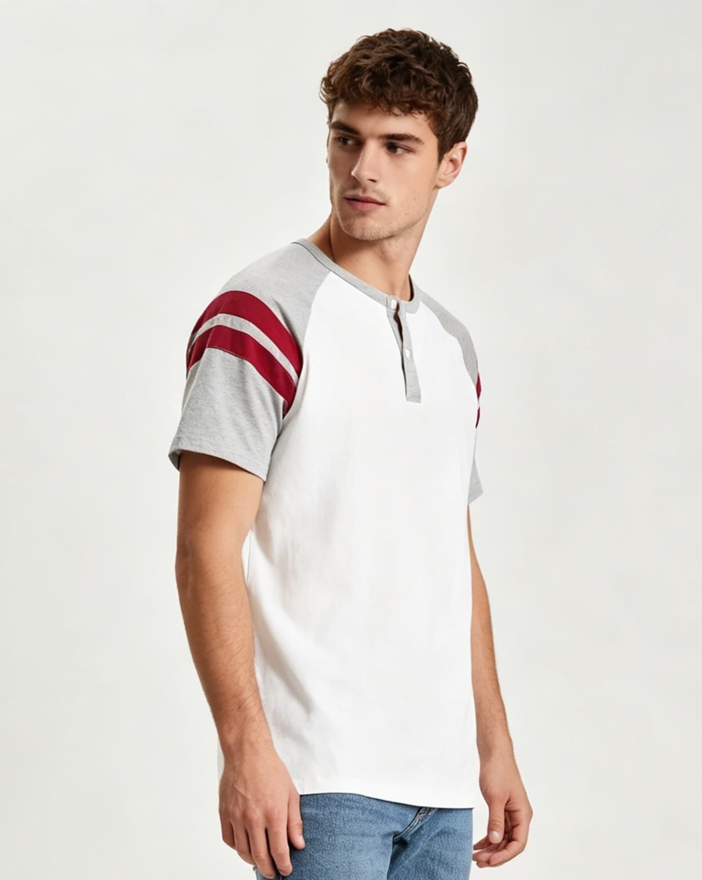 Multi-Color Henley Neck Raglan Striped Sleeves T-Shirt