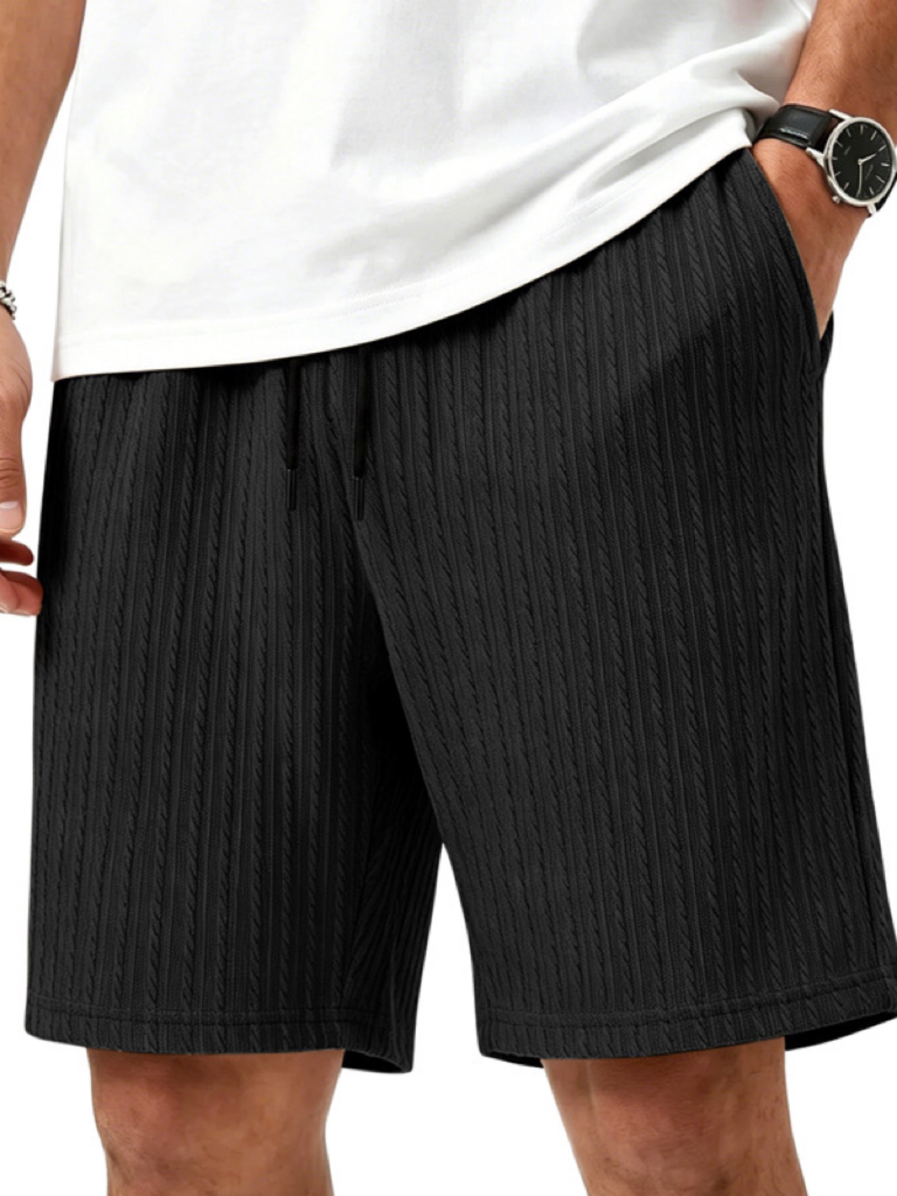 Black Solid Knit Knee-Length Shorts