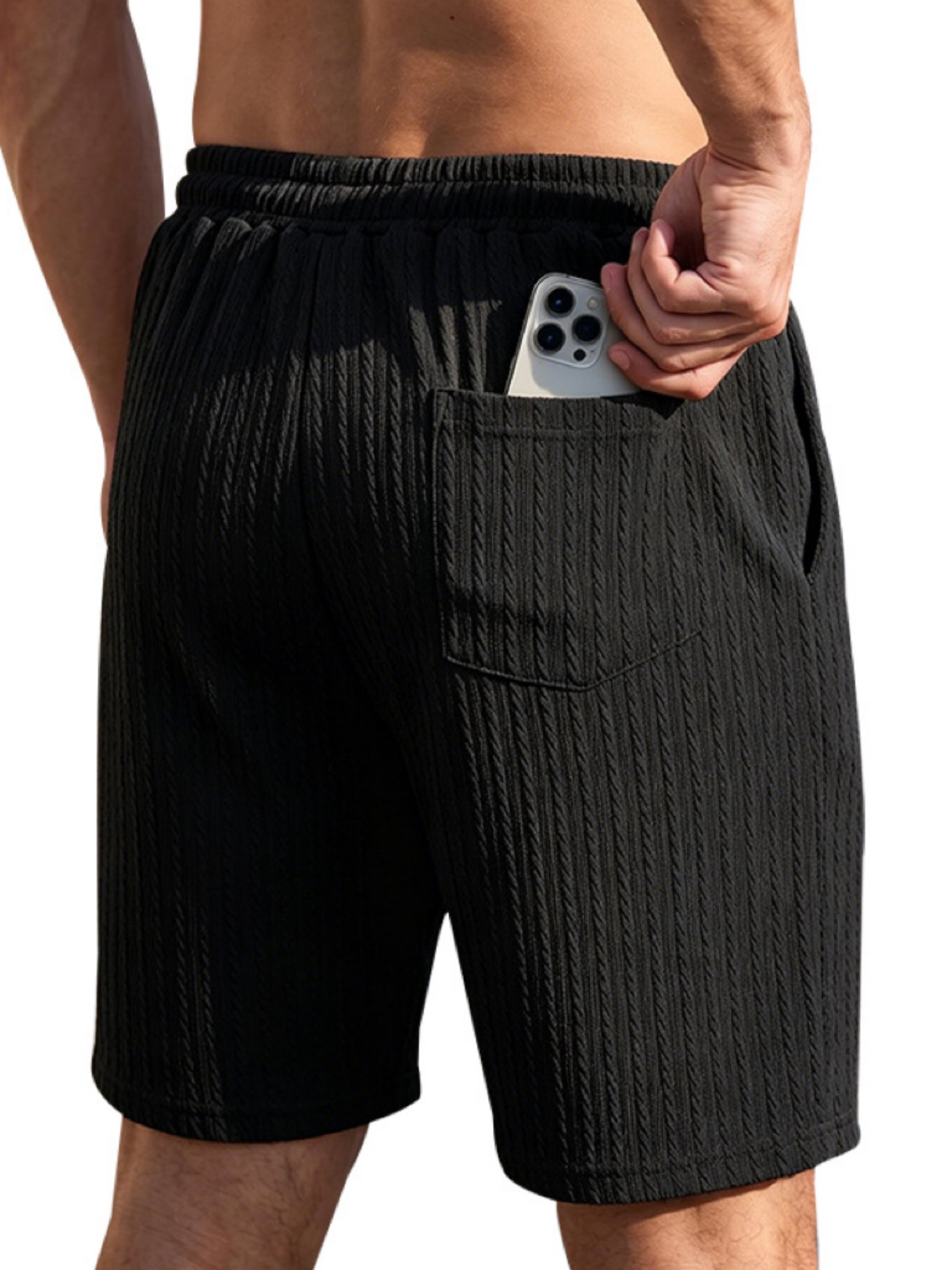 Black Solid Knit Knee-Length Shorts