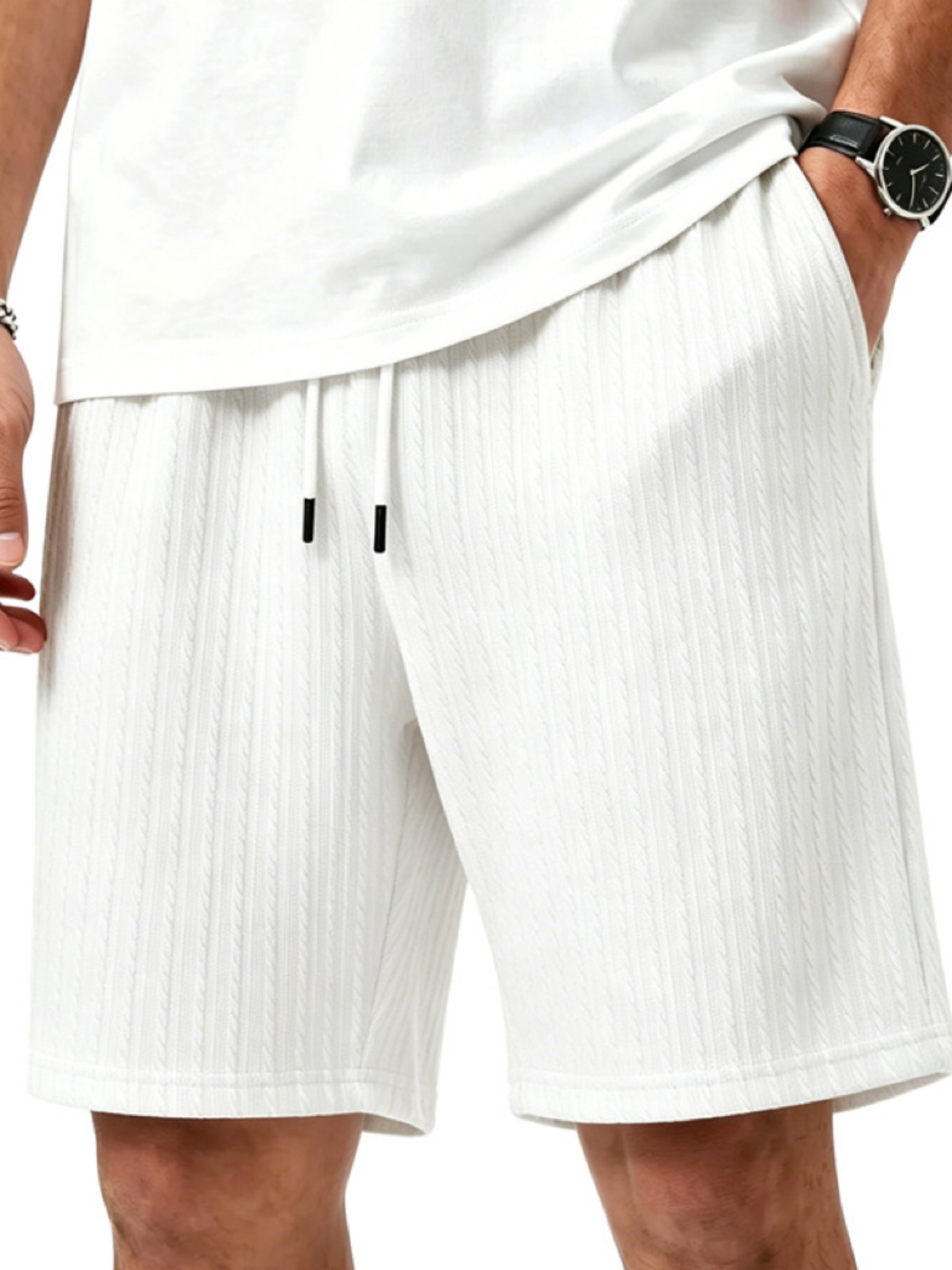 White Solid Knit Knee-Length Shorts