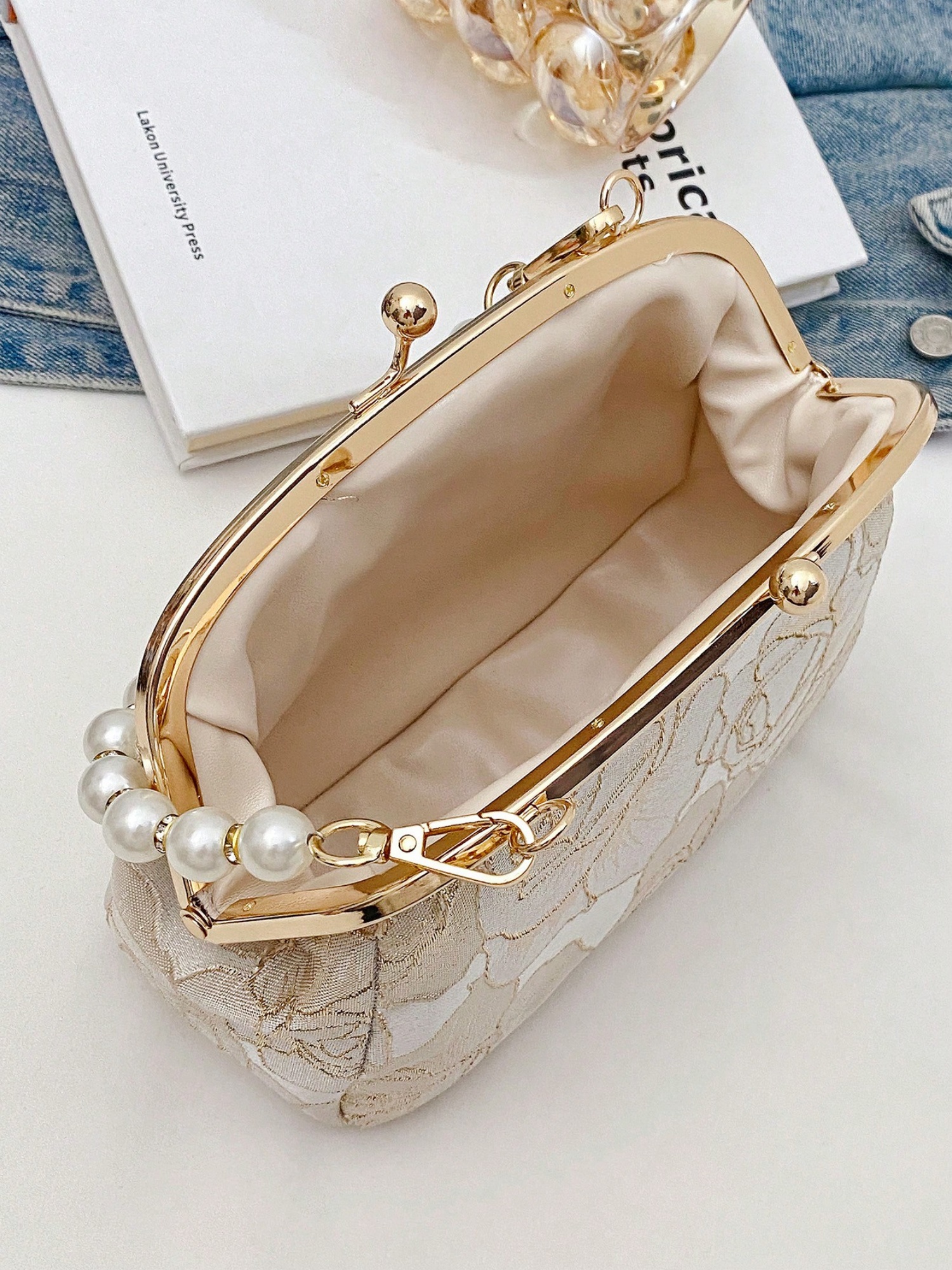 Off-White Floral Embroidered Pearl Clutch Bag