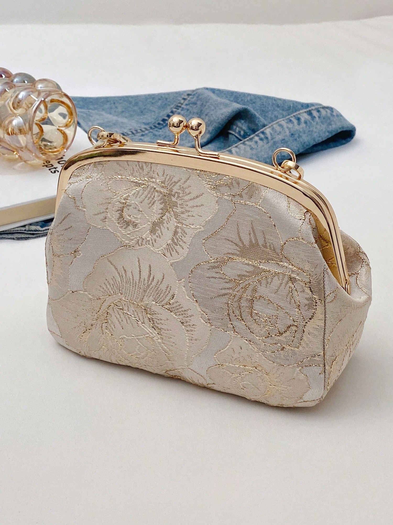 Off-White Floral Embroidered Pearl Clutch Bag