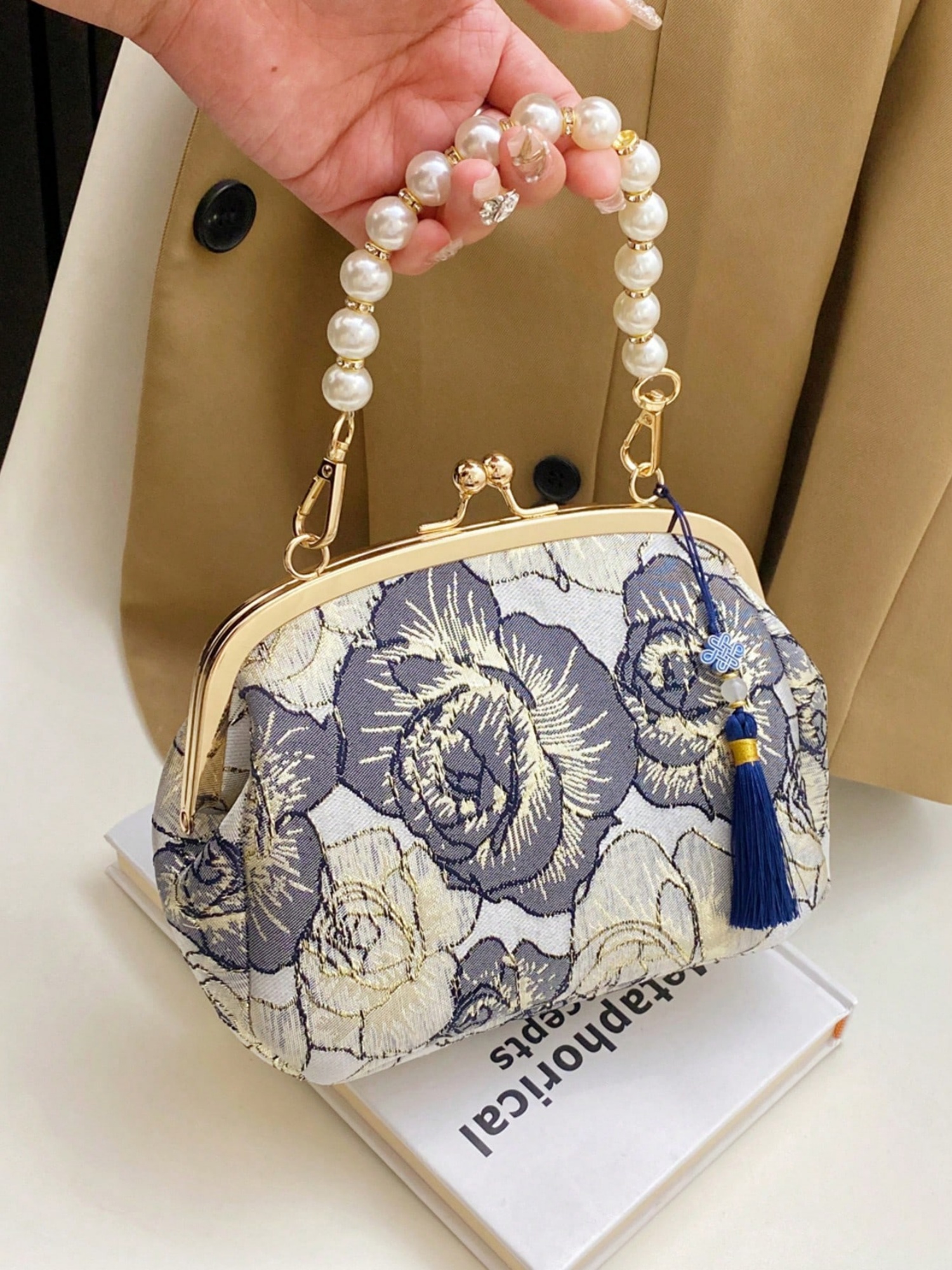 Off-White Floral Embroidered Pearl Handle Clutch Bag