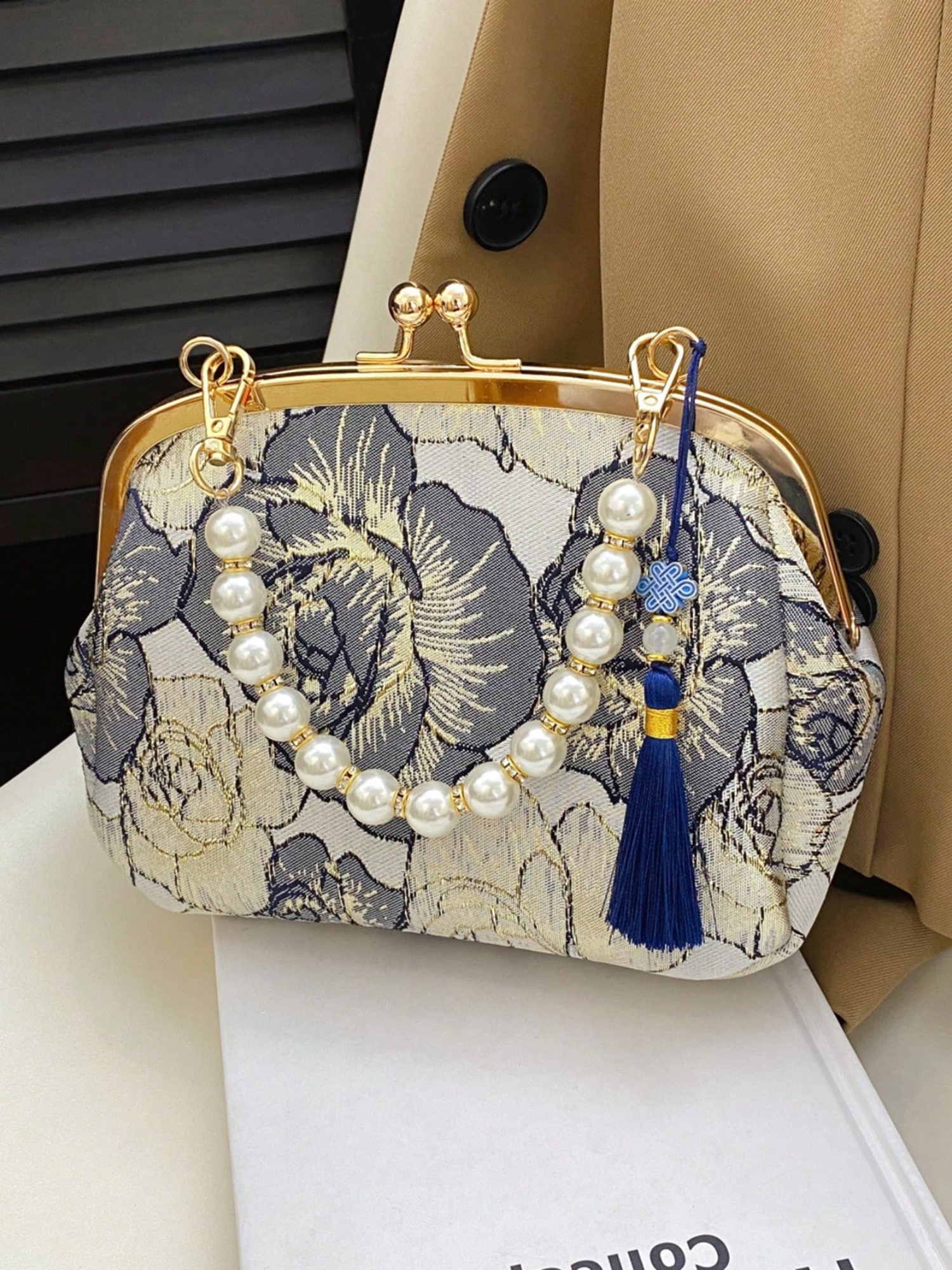 Off-White Floral Embroidered Pearl Handle Clutch Bag