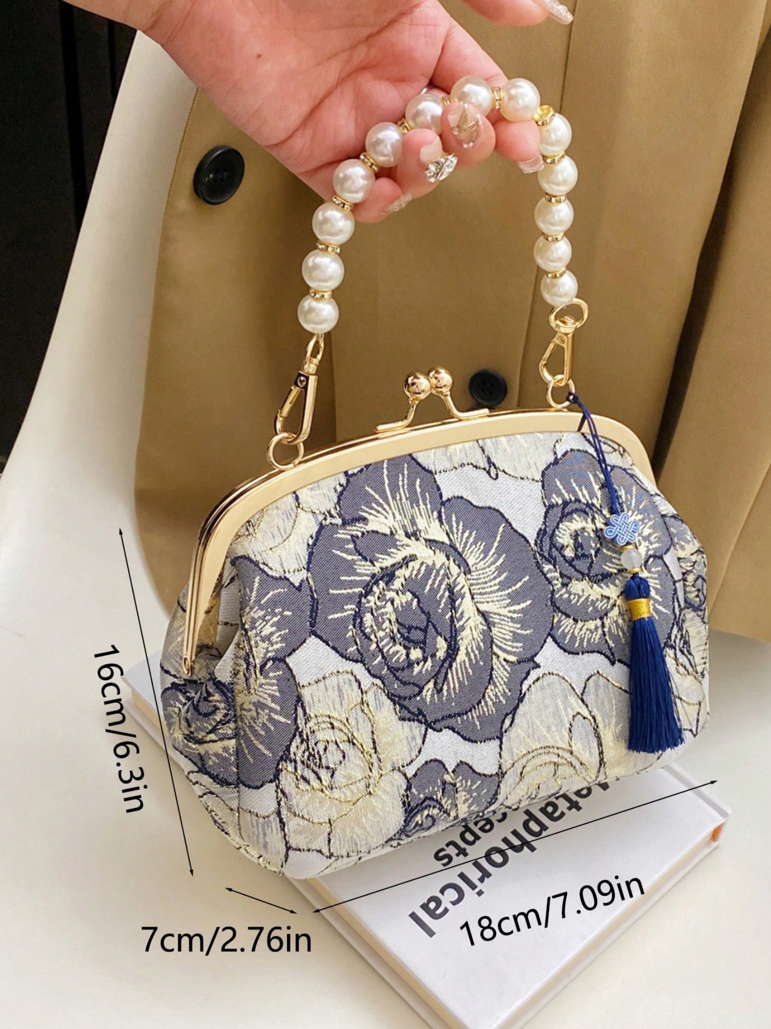Off-White Floral Embroidered Pearl Handle Clutch Bag